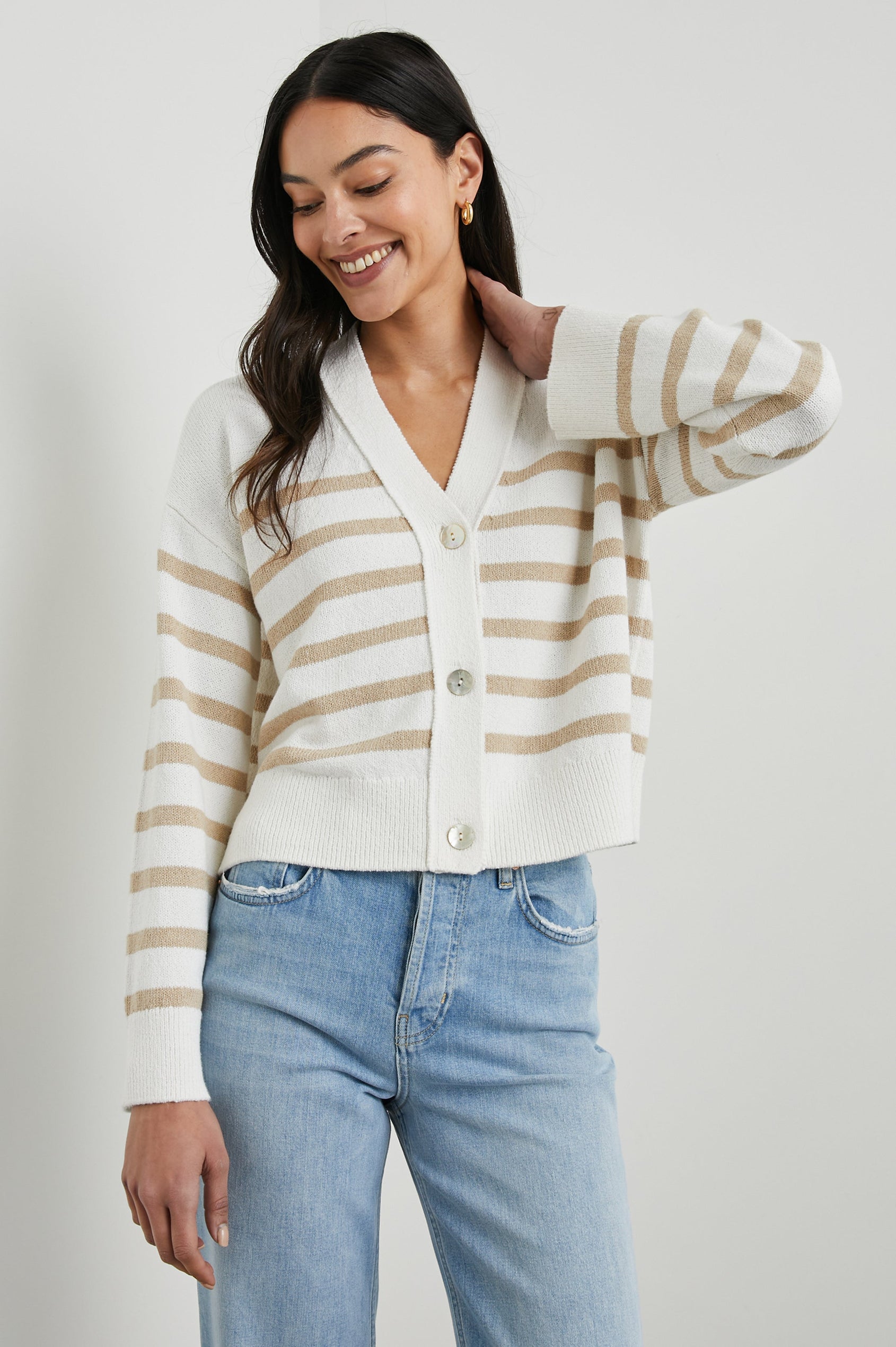 Geneva Long-Sleeve Cardigan with Button Closure and Ribbed Cuffs and Hem in Sand Stripe Colorway, sand and white stripes - Front View Featured on Model