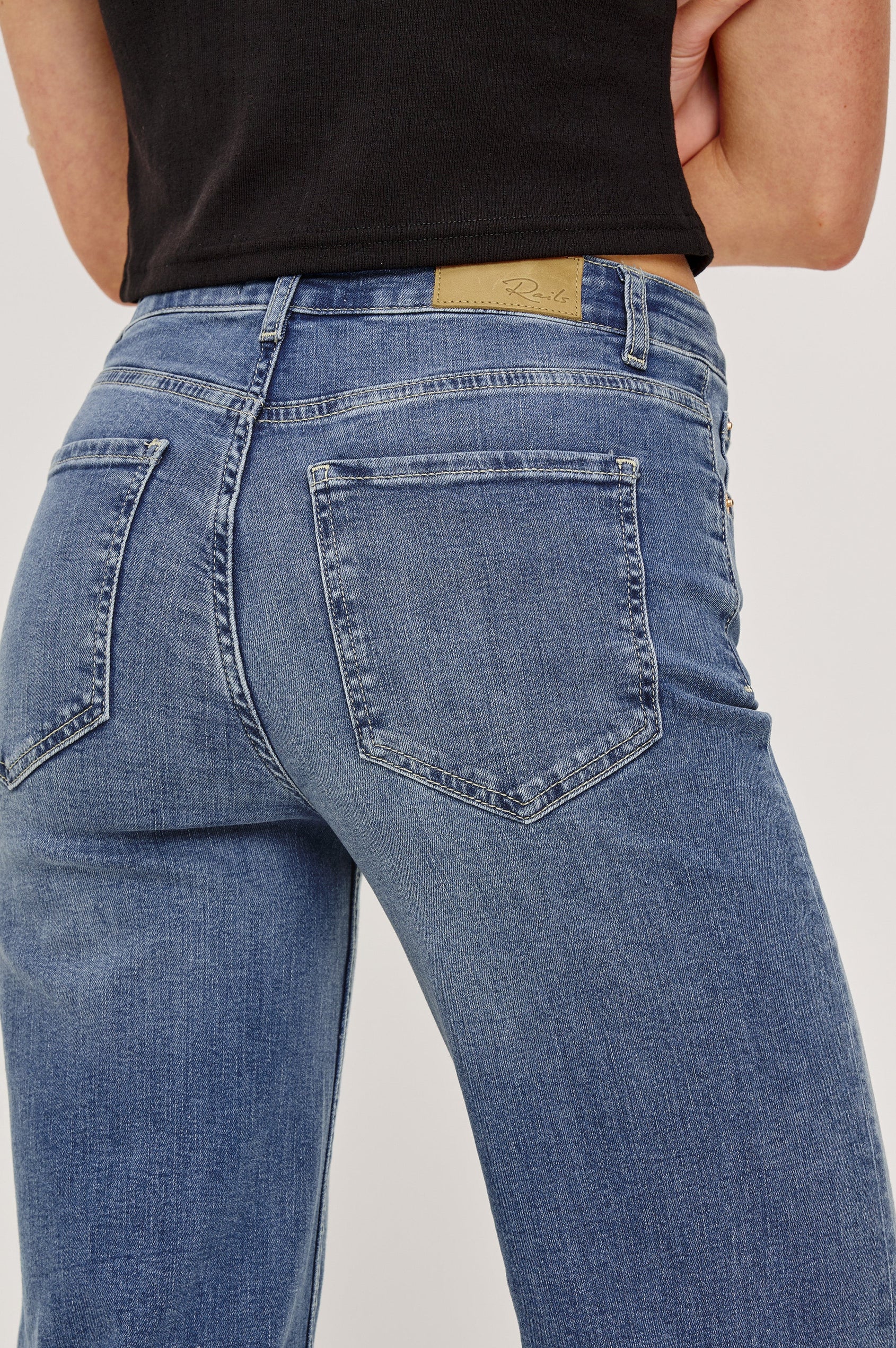 Getty Wide Leg Denim Pants with Belt Loops, Two Front Pockets and Two Back Patch Pockets in East Coast Colorway - Back Detail View Featured on Model