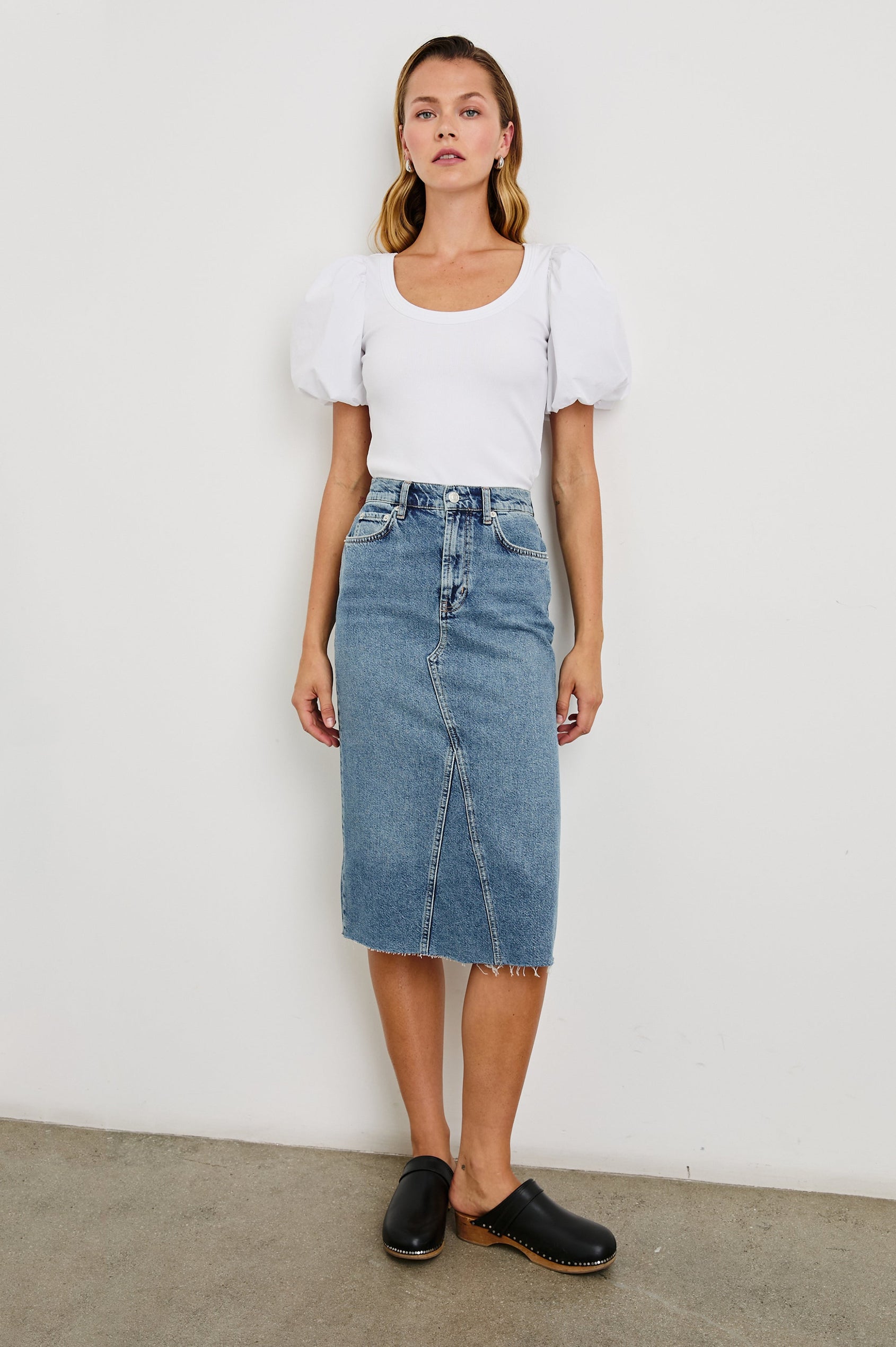 Hallie Short Sleeve Top with a Scoop Neck and Puff Sleeves in White Colorway - Front Full Body View Featured on Model