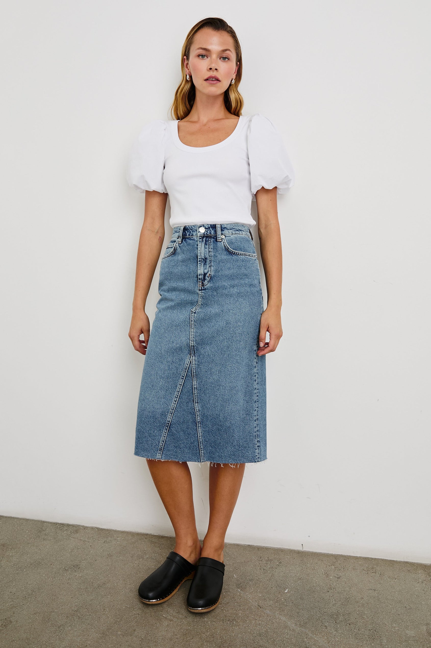 Hallie Short Sleeve Top with a Scoop Neck and Puff Sleeves in White Colorway - Front Full Body View Featured on Model