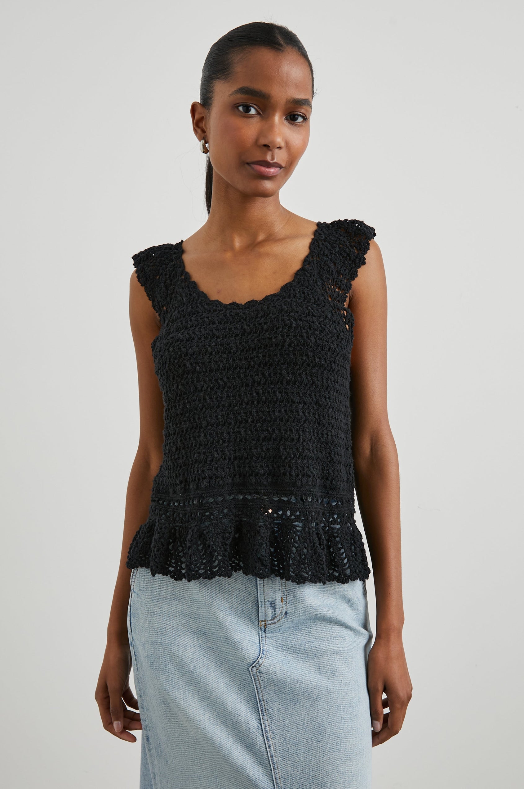 Hattie Crocheted Tank Top with Wide Shoulder Straps, a Scoop Neck and a Crocheted Design at the Hem in Black Colorway - Front View Featured on Model