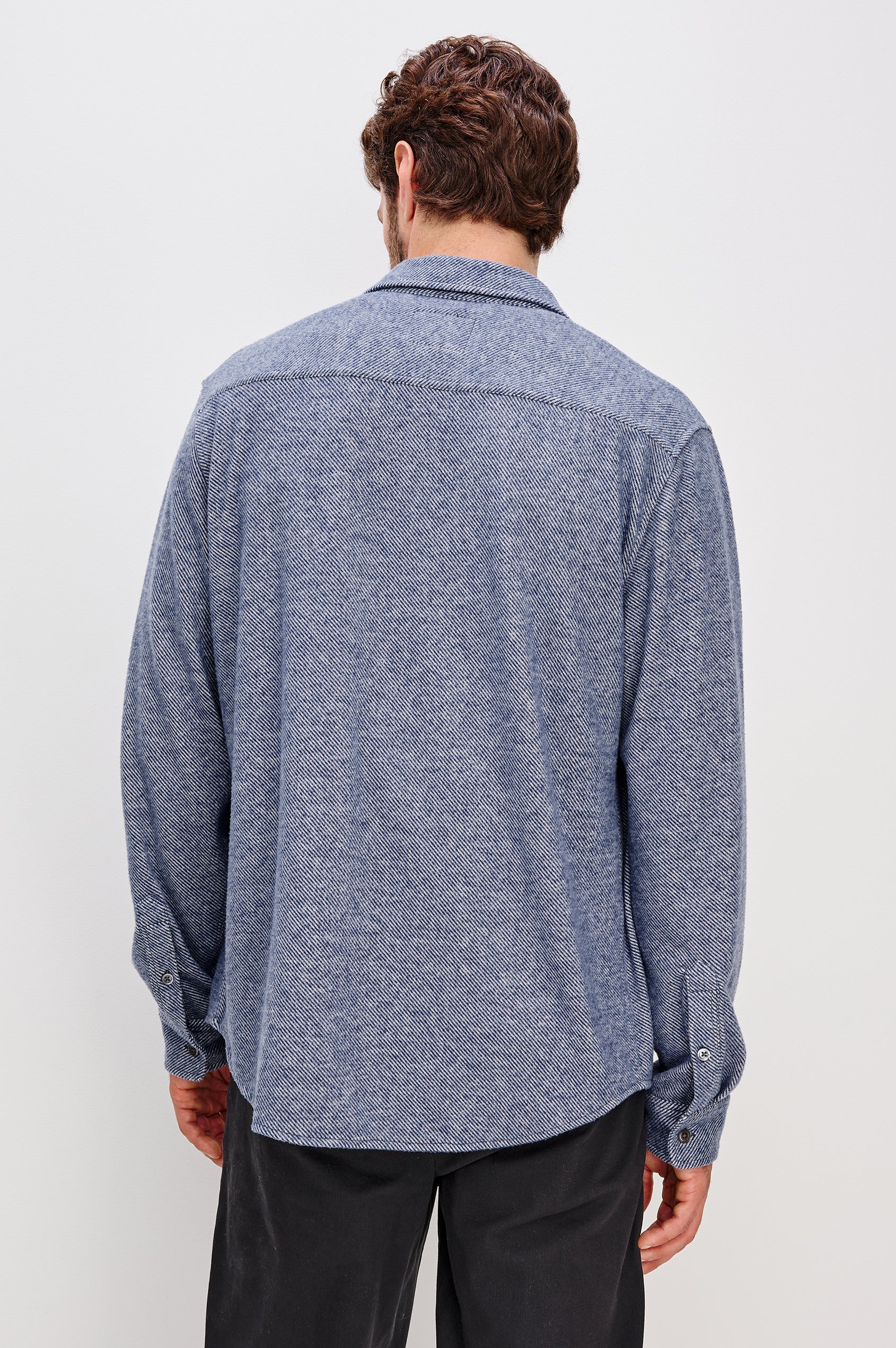 Hawke Long Sleeve Button Front Shirt with a Chest Pocket in Marine Twill Colorway. Back View Featured on Model.