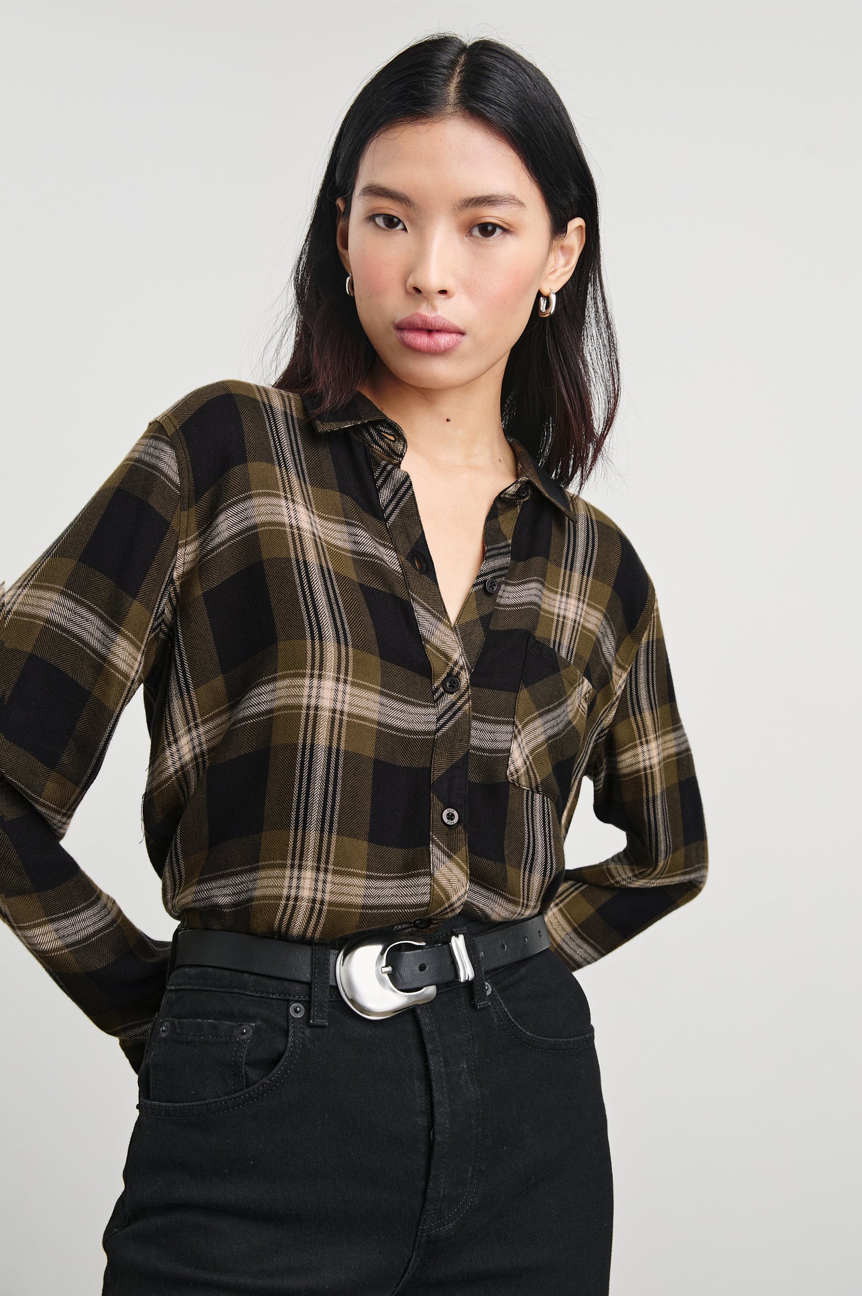 Hunter Long-Sleeve Button Up with a Chest Patch Pocket in Black Caramel Lurex Colorway, plaid - Front Tucked View Featured on Model