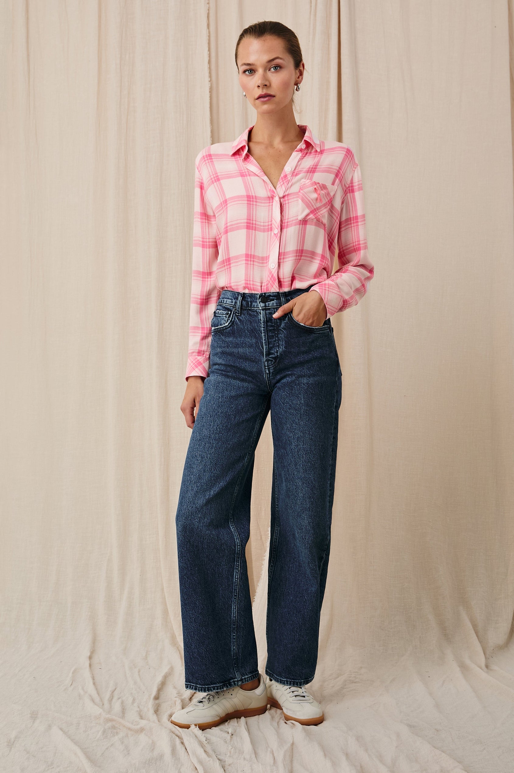 Hunter Long-Sleeve Button Up with a Chest Patch Pocket with pink ribbon in Brave Pink Colorway, Pink and White plaid - Front Tucked Full Body View Featured on Model