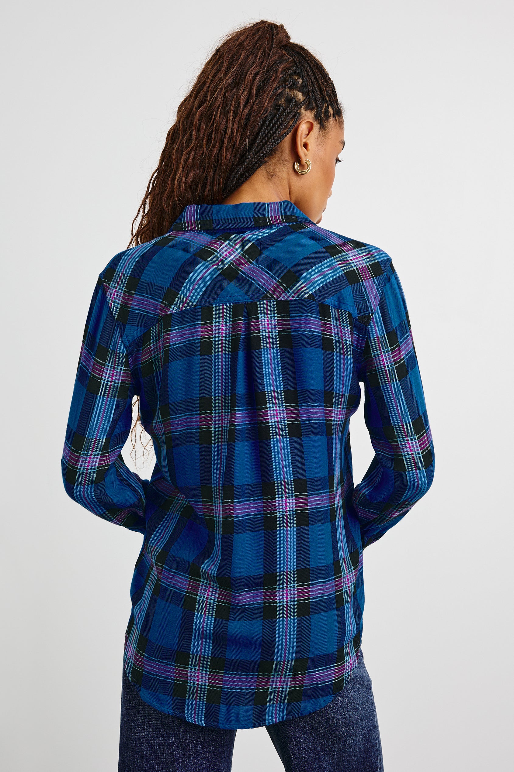 Hunter Long-Sleeve Button Up with a Chest Patch Pocket in Cobalt Magenta Colorway, plaid - Back View Featured on Model