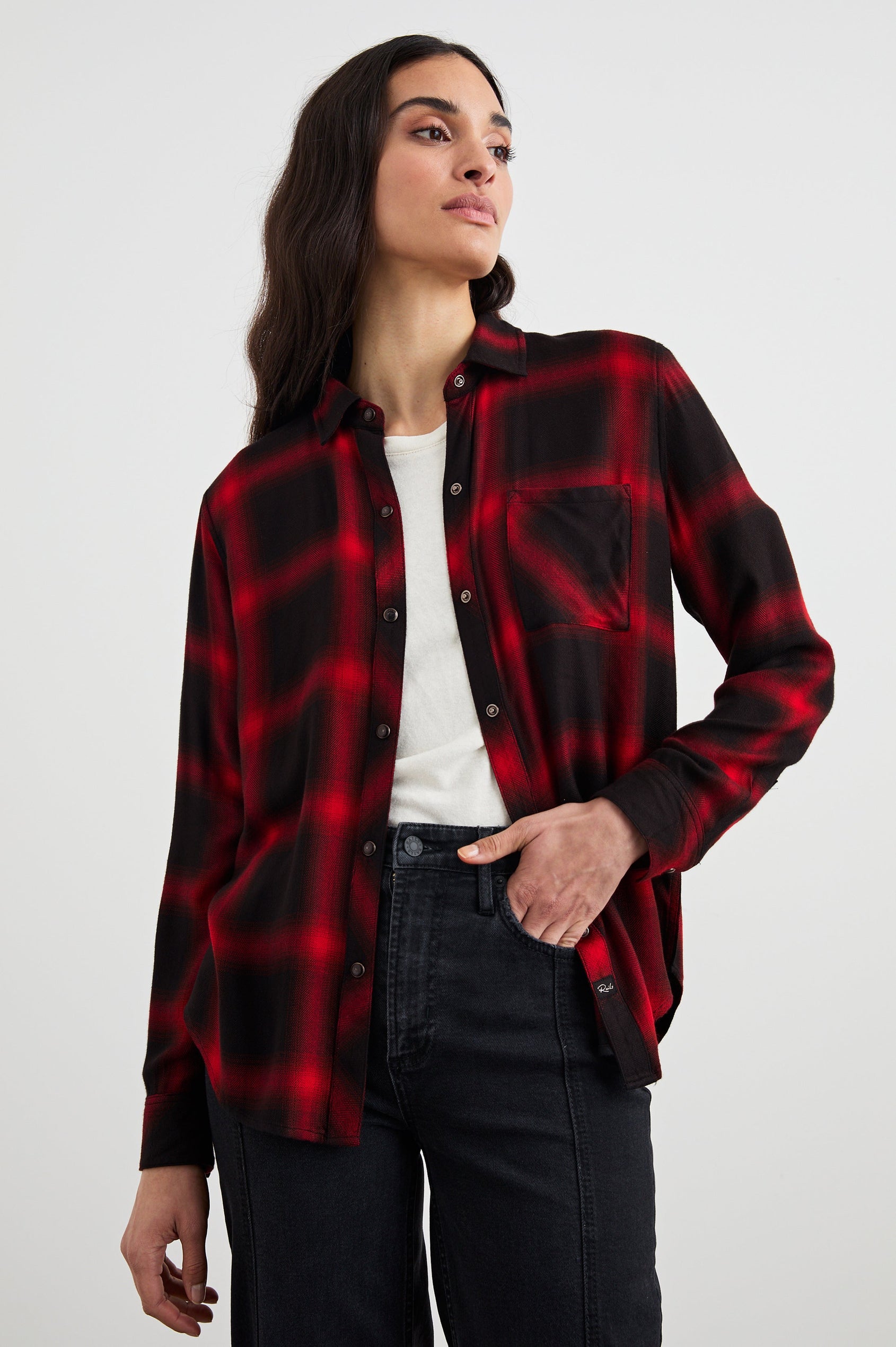 Hunter Long-Sleeve Button Up with snaps and a Chest Patch Pocket in Diffused Cardinal Black Colorway, plaid - Front Unbuttoned View Featured on Model