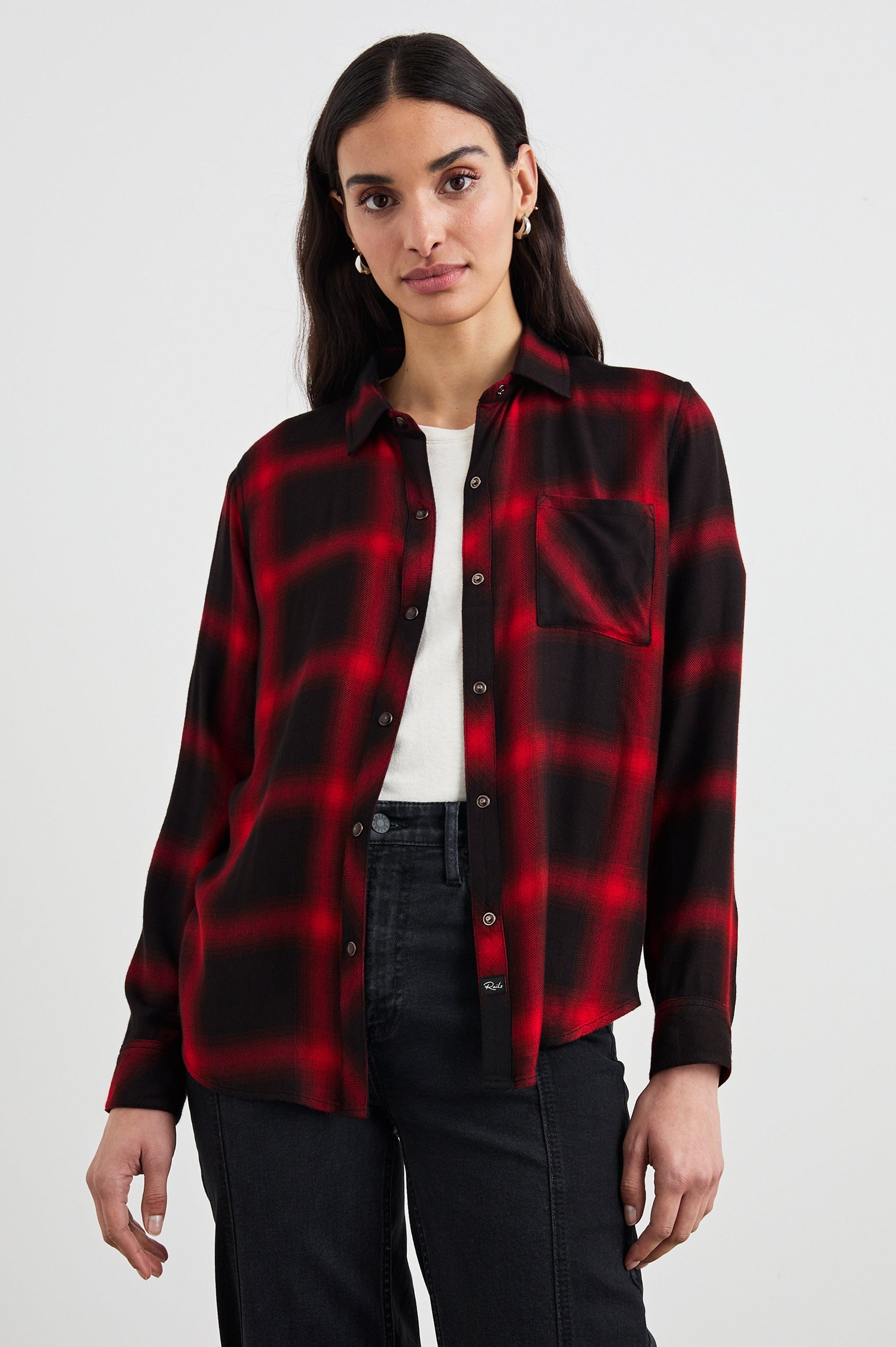 Hunter Long-Sleeve Button Up with snaps and a Chest Patch Pocket in Diffused Cardinal Black Colorway, plaid - Front Unbuttoned View Featured on Model