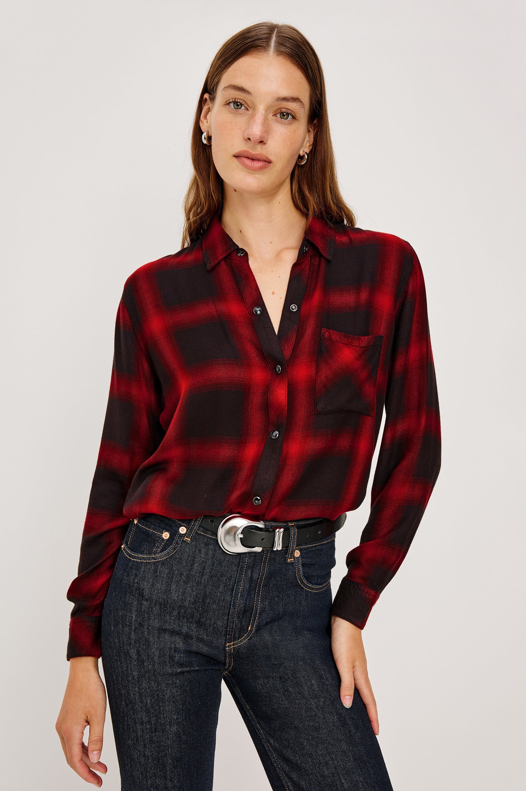 Hunter Long-Sleeve Button Up with snaps and a Chest Patch Pocket in Diffused Cardinal Black Colorway, plaid - Front Buttoned View Featured on Model