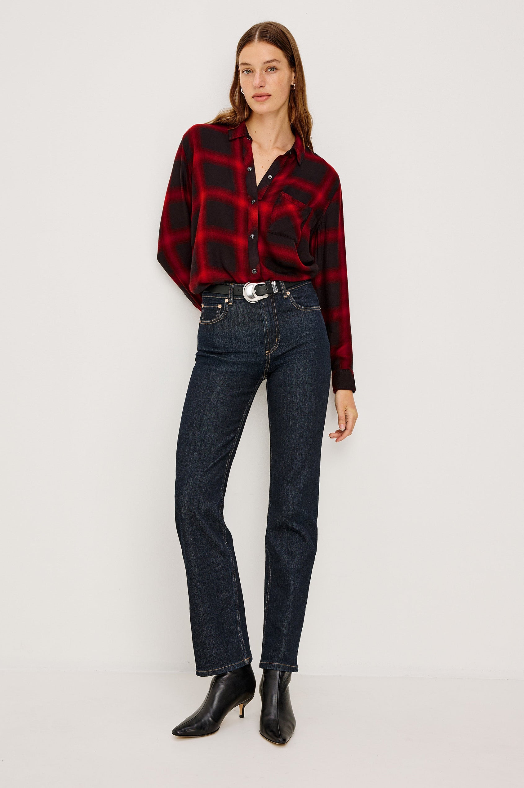 Hunter Long-Sleeve Button Up with snaps and a Chest Patch Pocket in Diffused Cardinal Black Colorway, plaid - Full Body Front Buttoned View Featured on Model