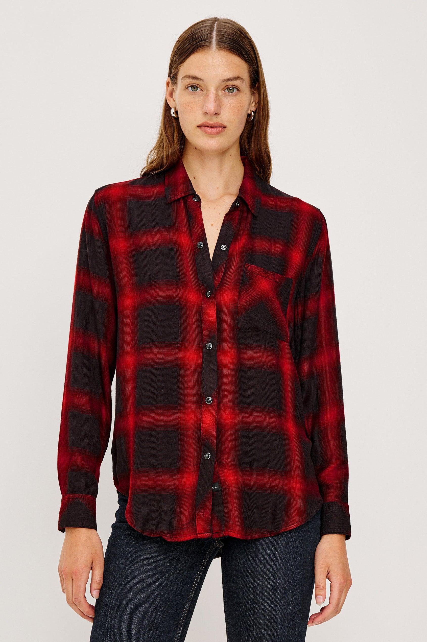 Hunter Long-Sleeve Button Up with snaps and a Chest Patch Pocket in Diffused Cardinal Black Colorway, plaid - Front Buttoned View Featured on Model