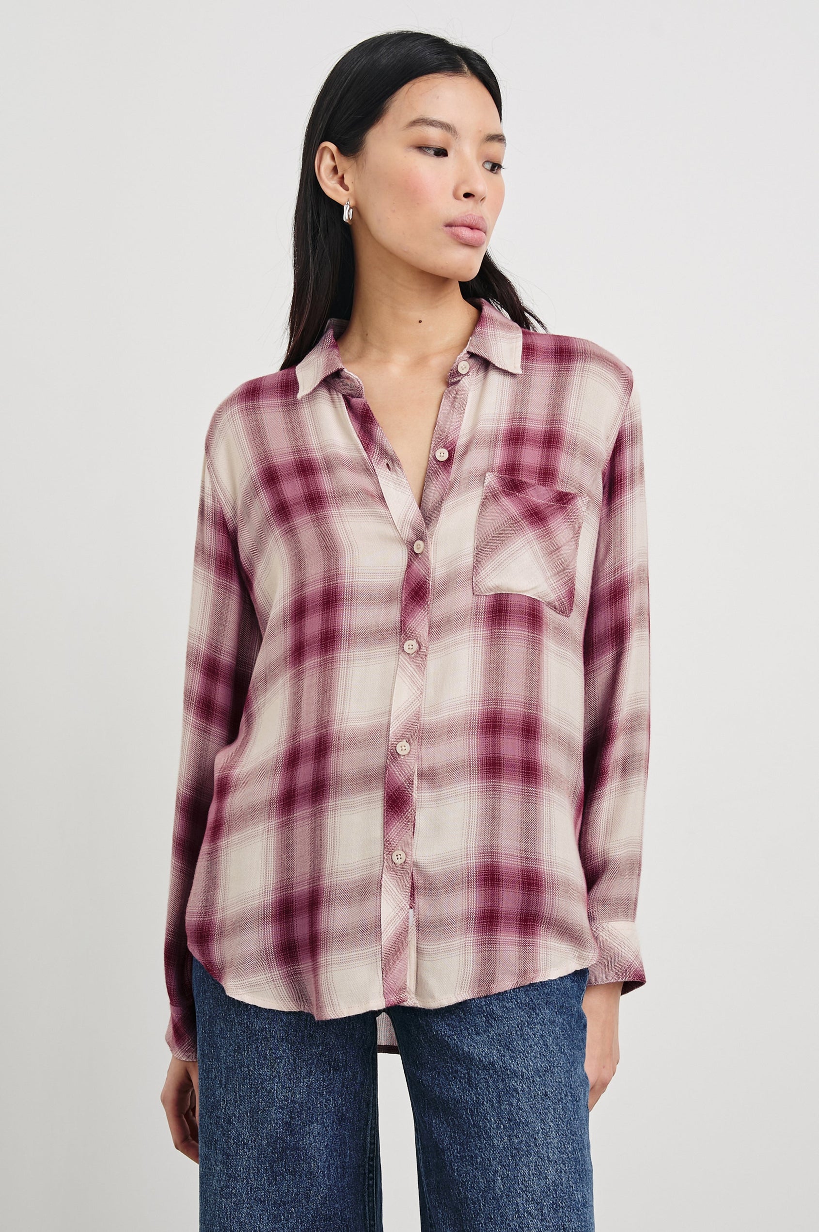 Hunter Long-Sleeve Button Up with a Chest Patch Pocket in Faded Plum Ivory Colorway, plaid - Front View Featured on Model