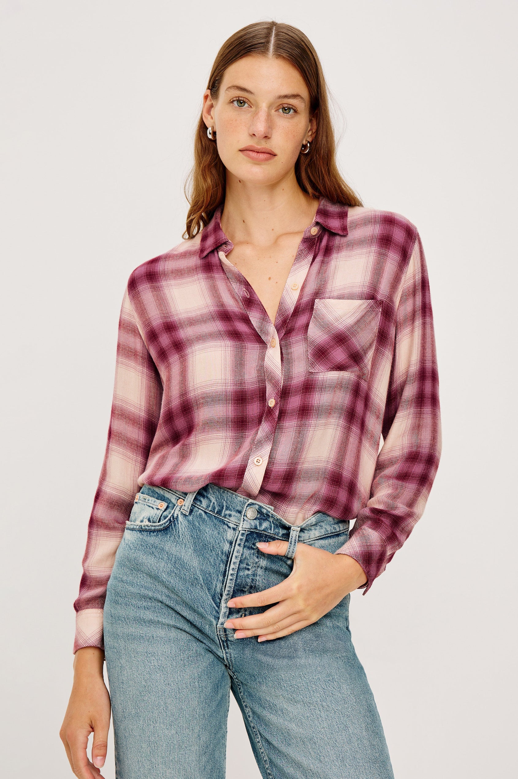 Hunter Long-Sleeve Button Up with a Chest Patch Pocket in Faded Plum Ivory Colorway, plaid - Front View Featured on Model