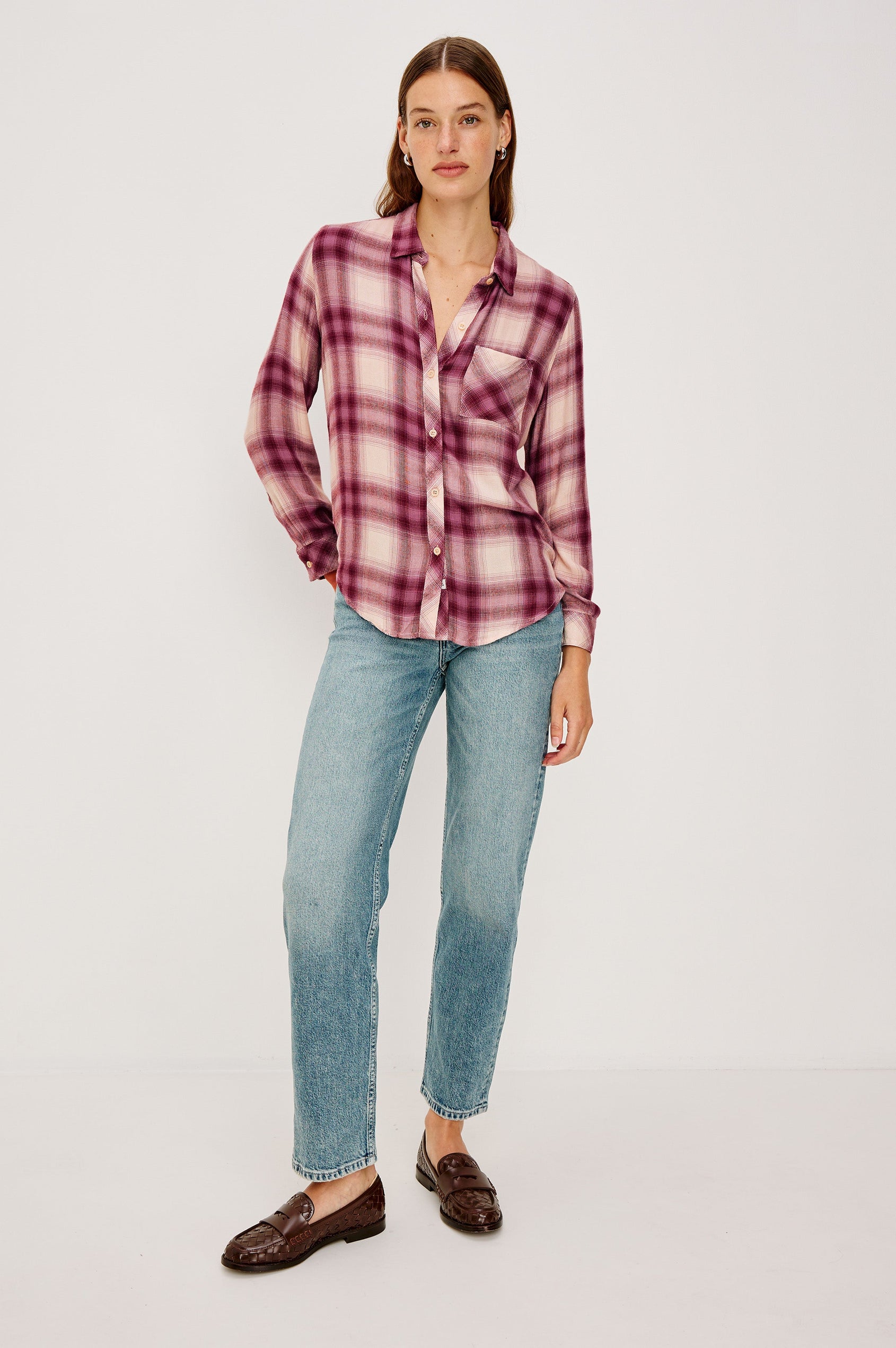 Hunter Long-Sleeve Button Up with a Chest Patch Pocket in Faded Plum Ivory Colorway, plaid - Full Body Front View Featured on Model