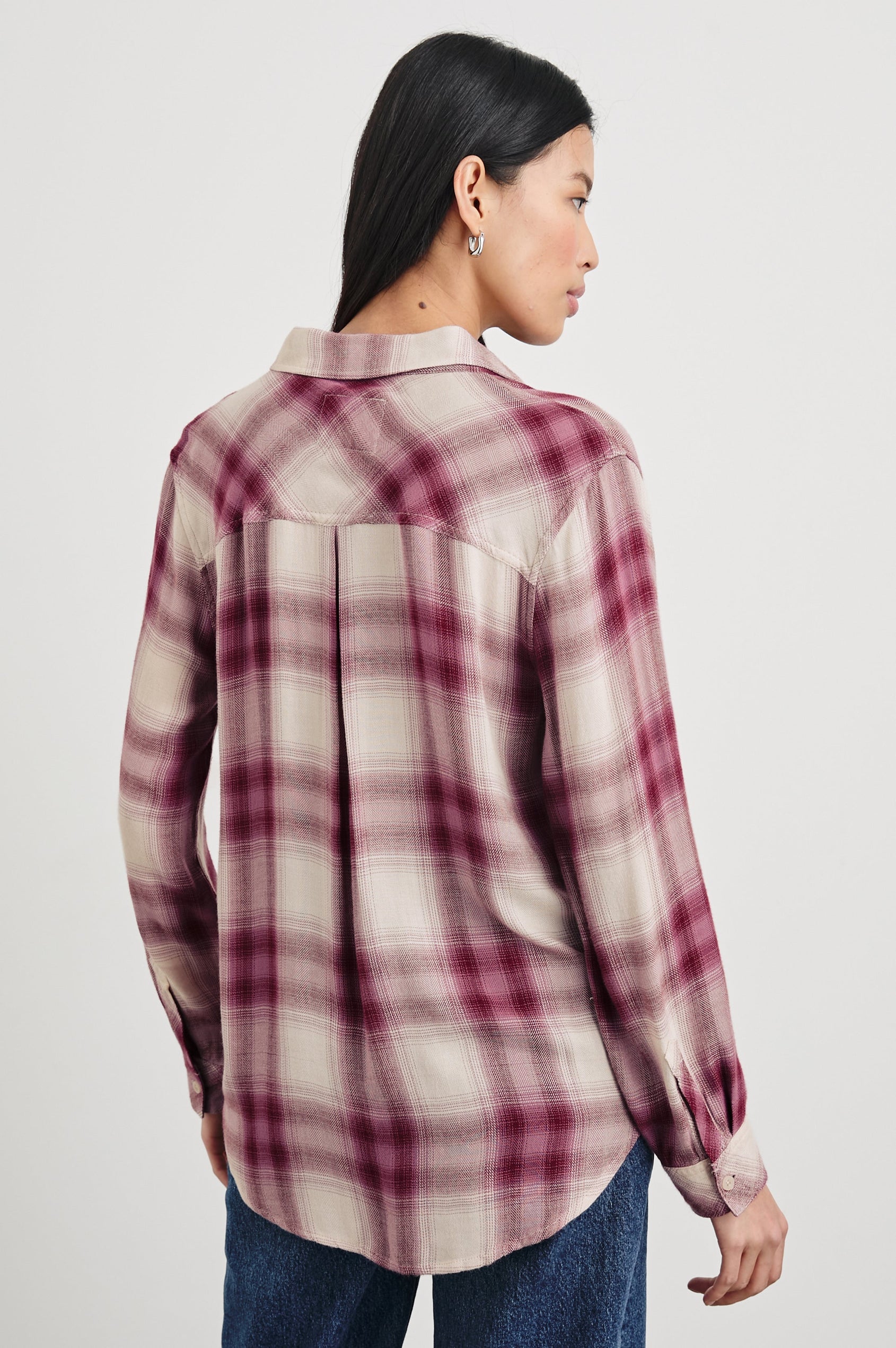 Hunter Long-Sleeve Button Up with a Chest Patch Pocket in Faded Plum Ivory Colorway, plaid - Back View Featured on Model