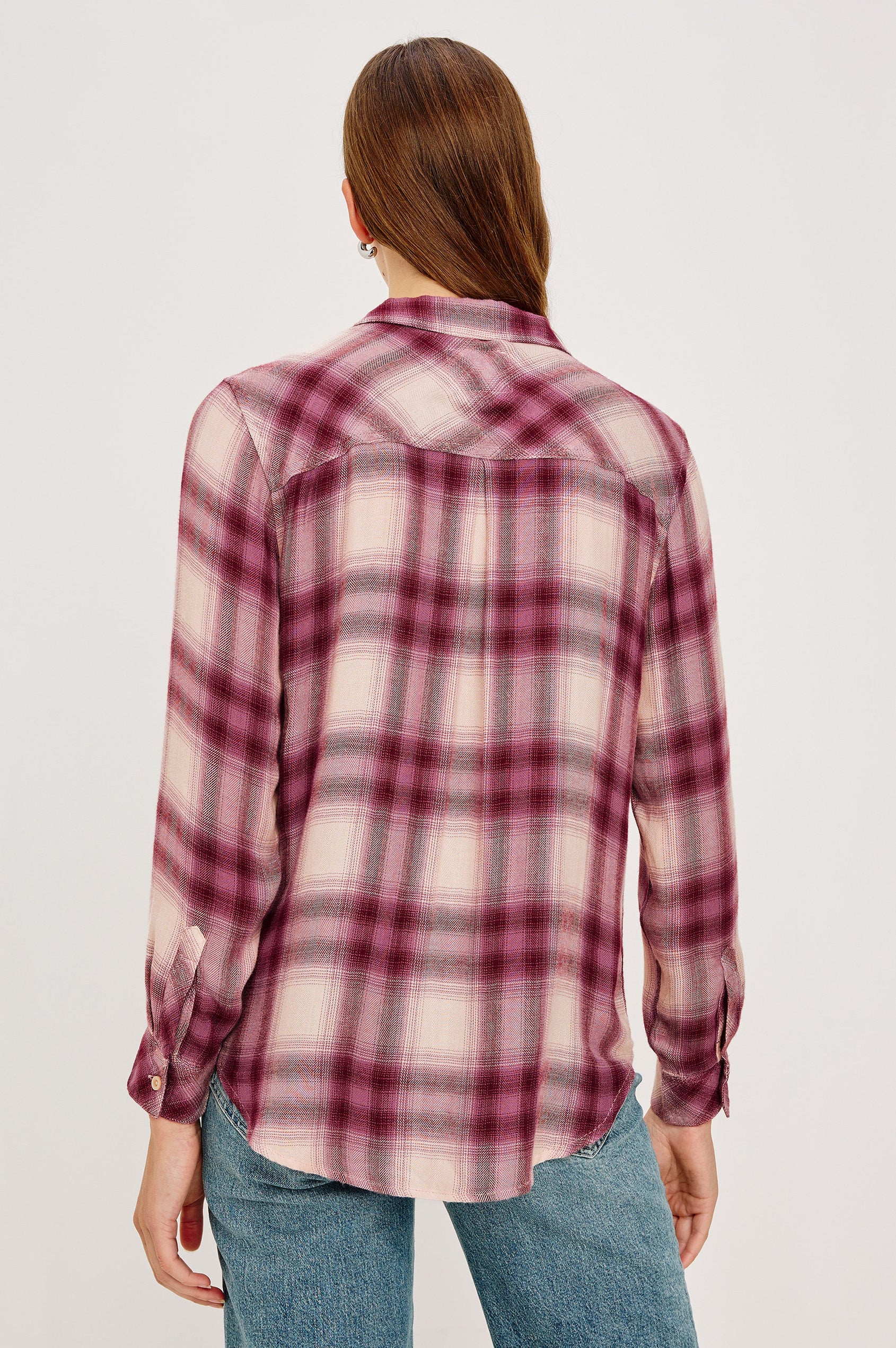 Hunter Long-Sleeve Button Up with a Chest Patch Pocket in Faded Plum Ivory Colorway, plaid - Back View Featured on Model