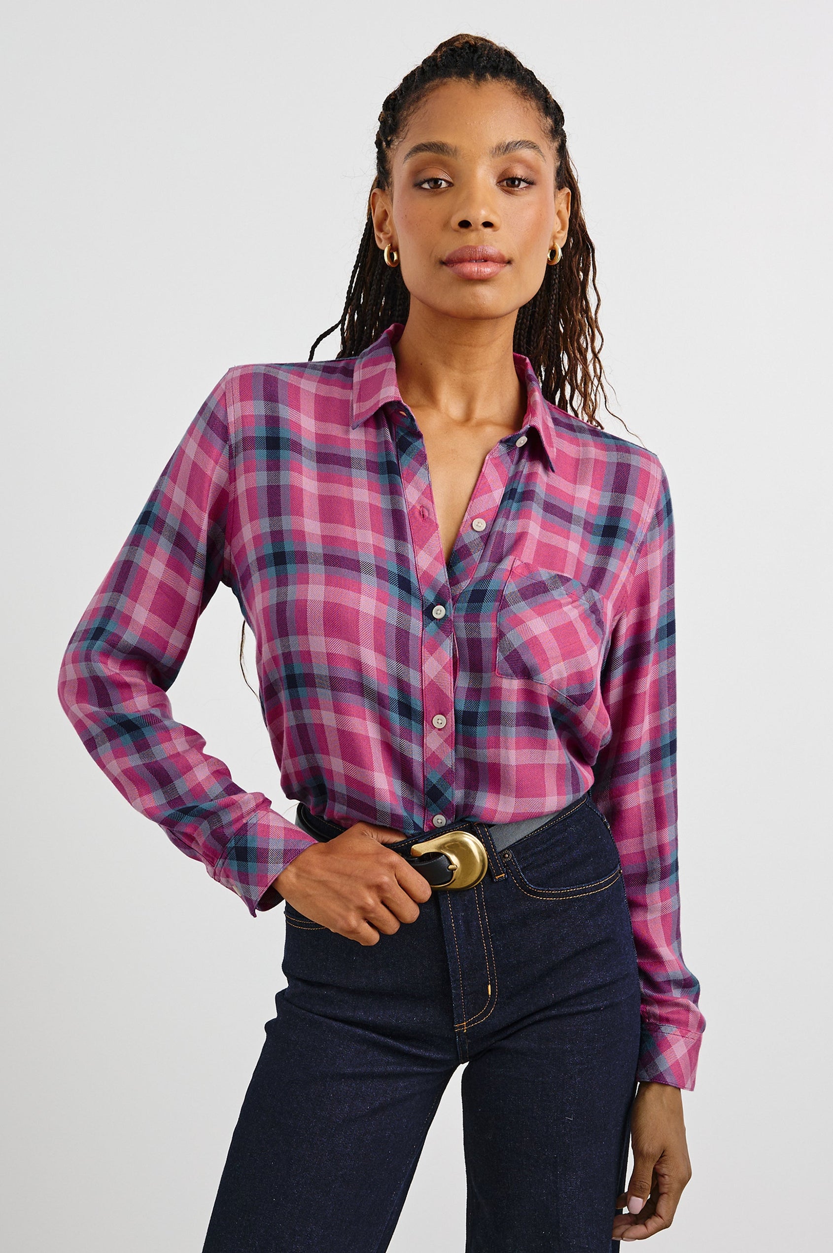 Hunter Long-Sleeve Button Up with a Chest Patch Pocket in Magenta Stone Blue Colorway, plaid - Front Tucked View Featured on Model