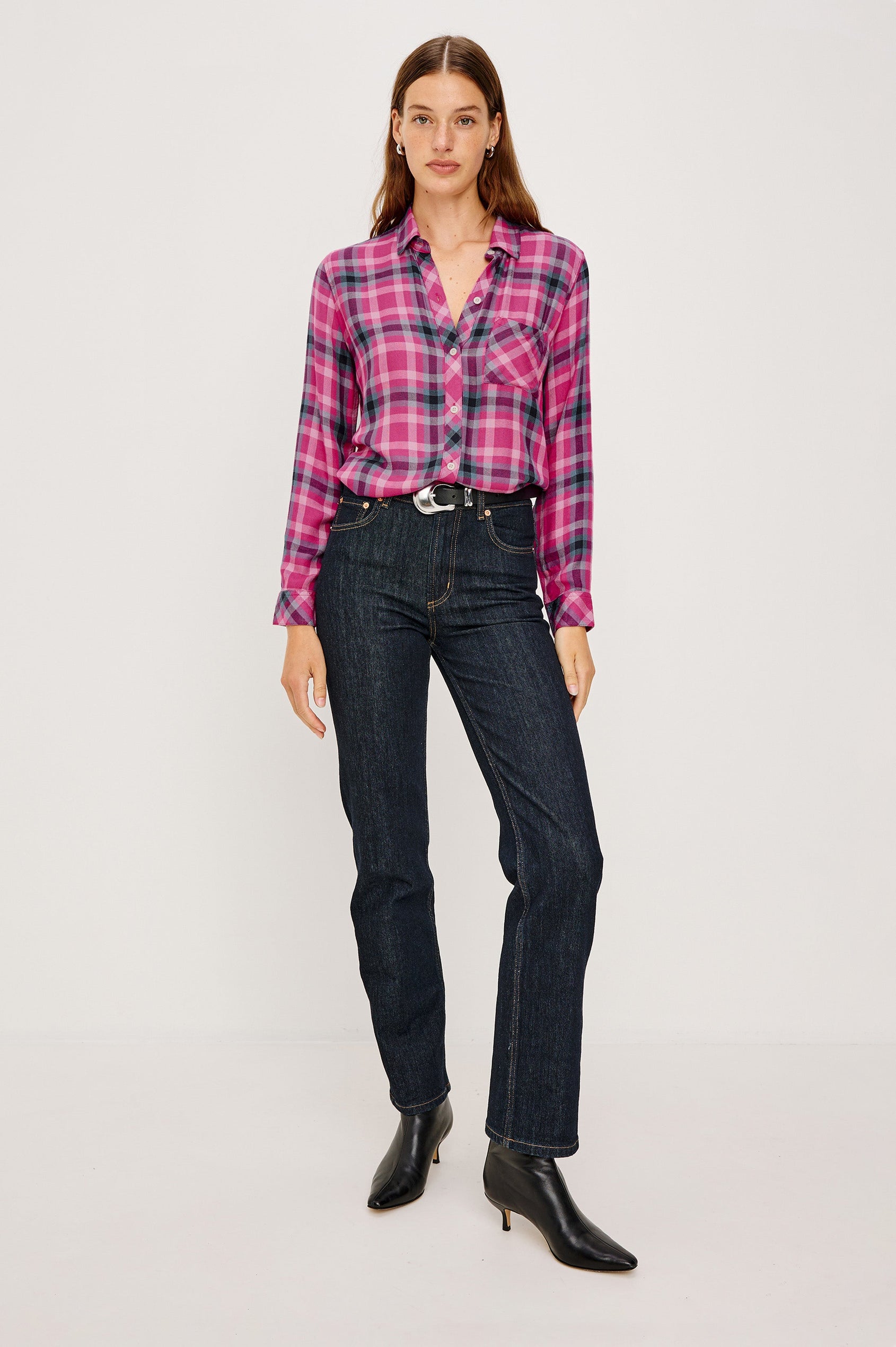 Hunter Long-Sleeve Button Up with a Chest Patch Pocket in Magenta Stone Blue Colorway, plaid - Full Body Front Tucked View Featured on Model