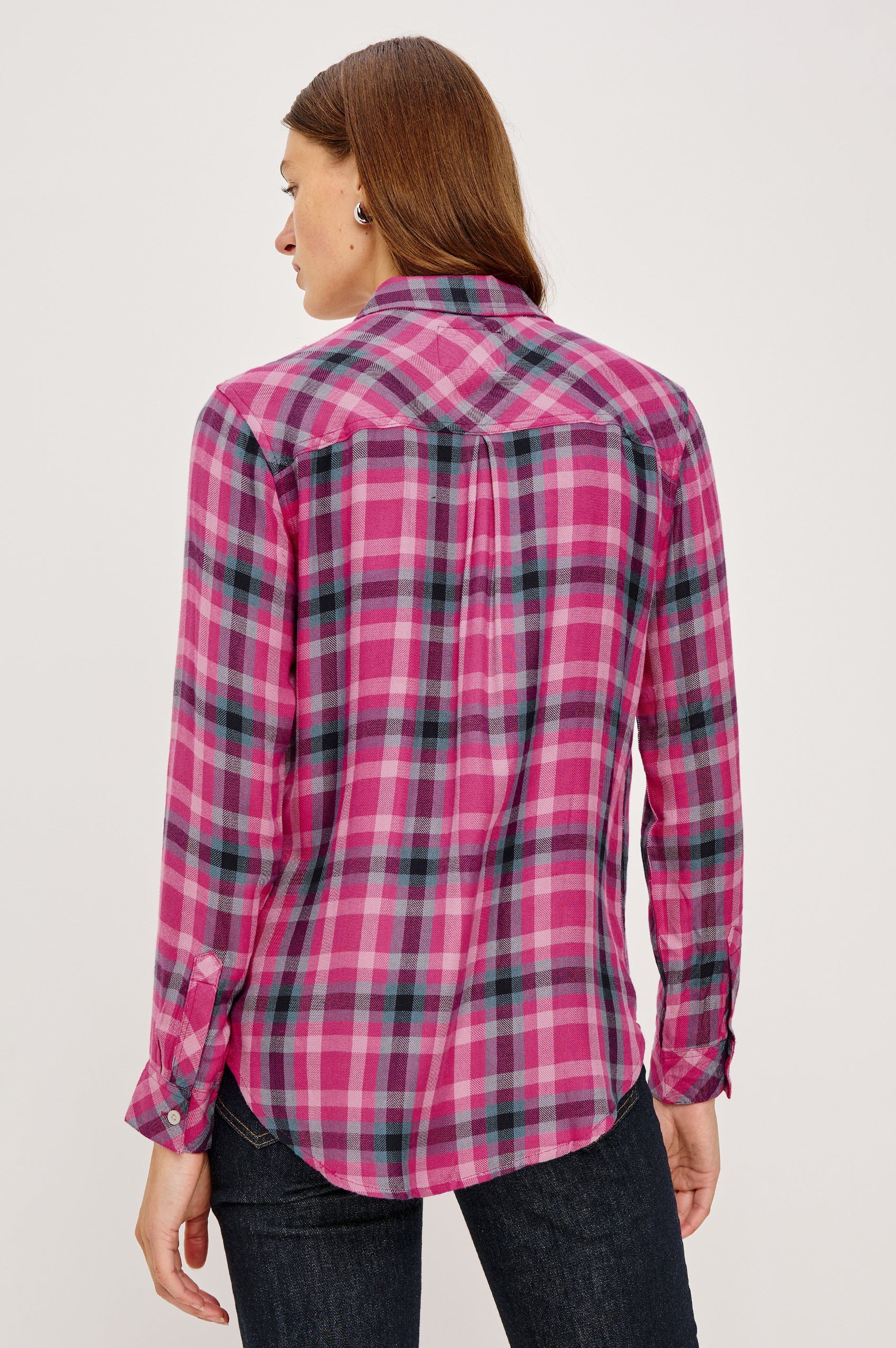 Hunter Long-Sleeve Button Up with a Chest Patch Pocket in Magenta Stone Blue Colorway, plaid - Back View Featured on Model