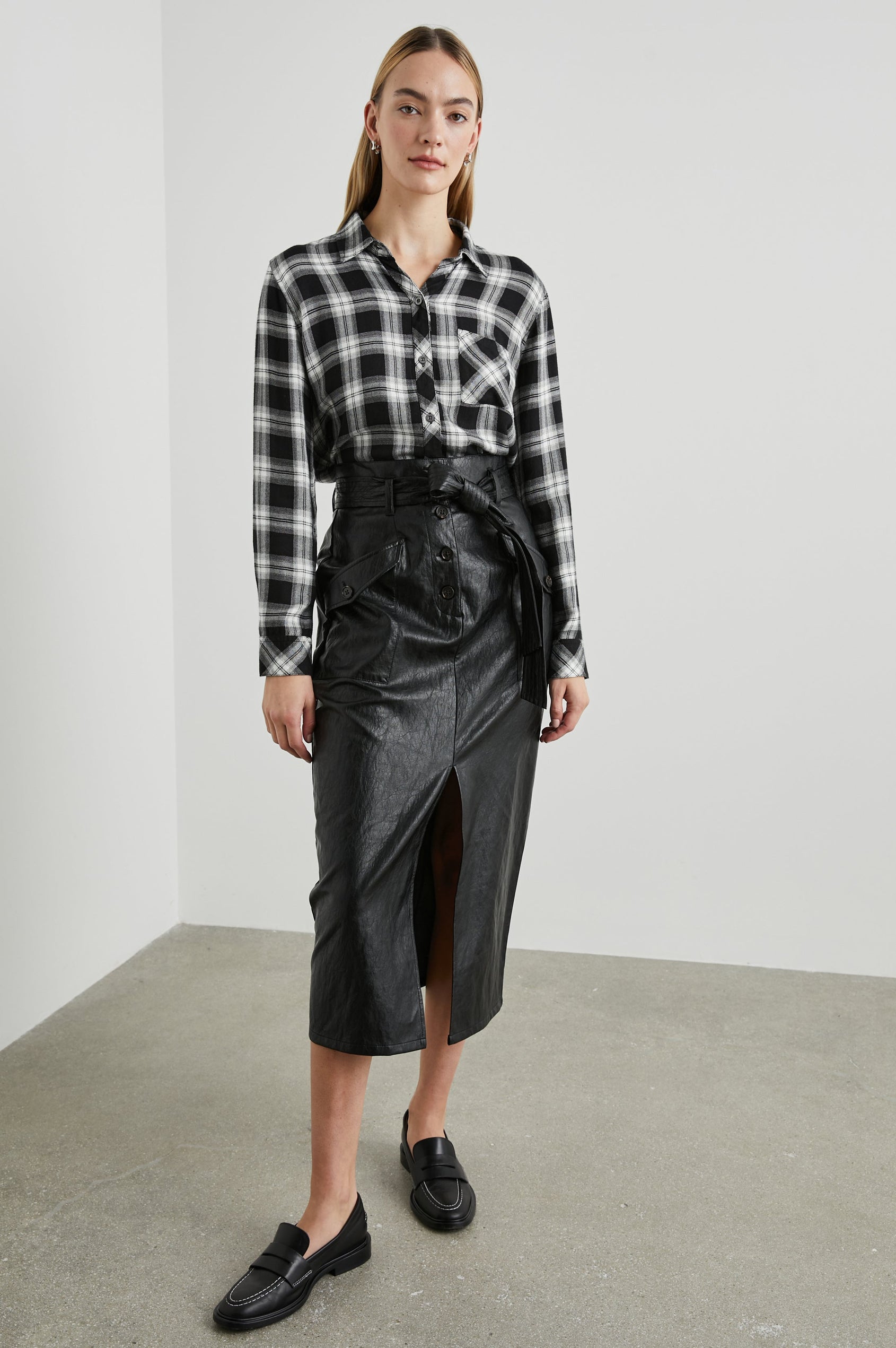 Hunter Long-Sleeve Button Up with a Chest Patch Pocket in Midnight Snow Colorway, plaid - Front Tucked Full Body View Featured on Model