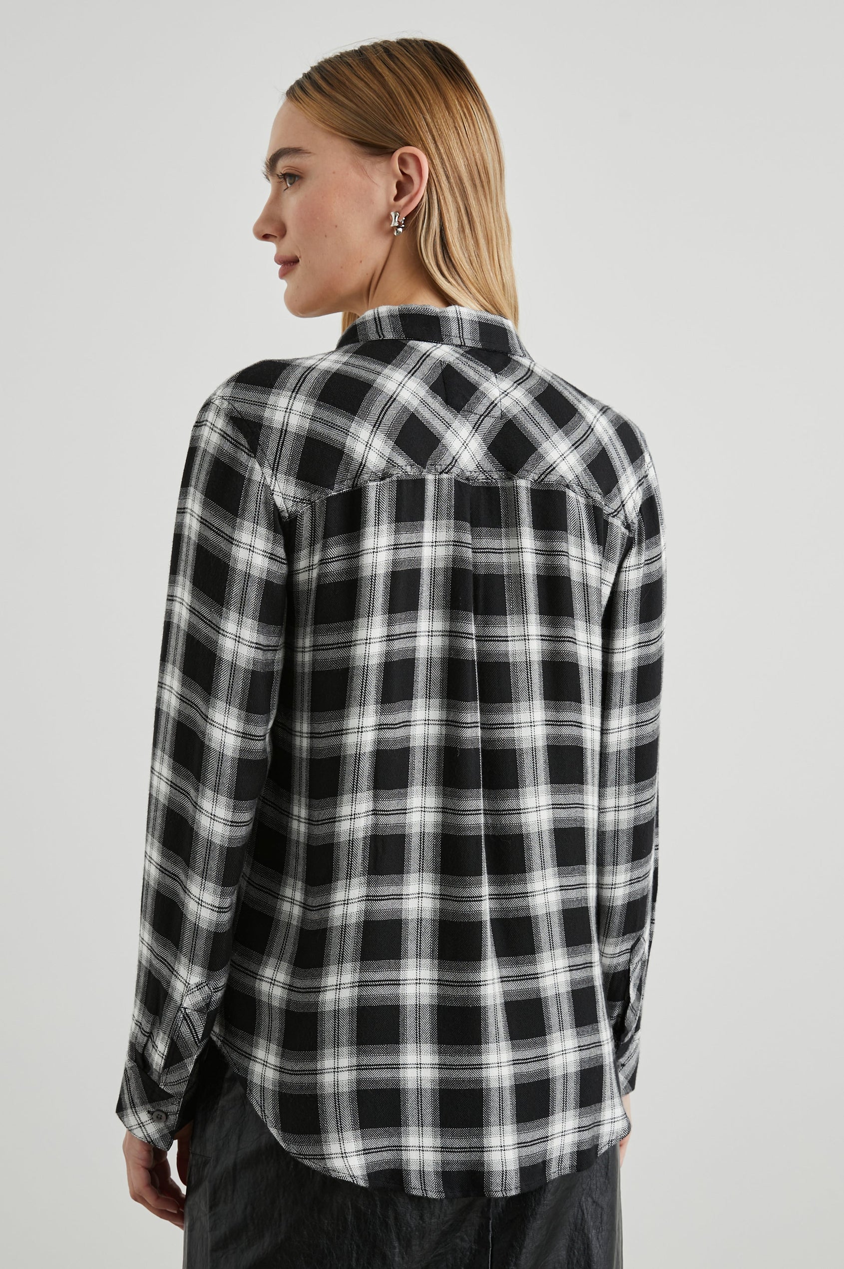 Hunter Long-Sleeve Button Up with a Chest Patch Pocket in Midnight Snow Colorway, plaid - Back View Featured on Model