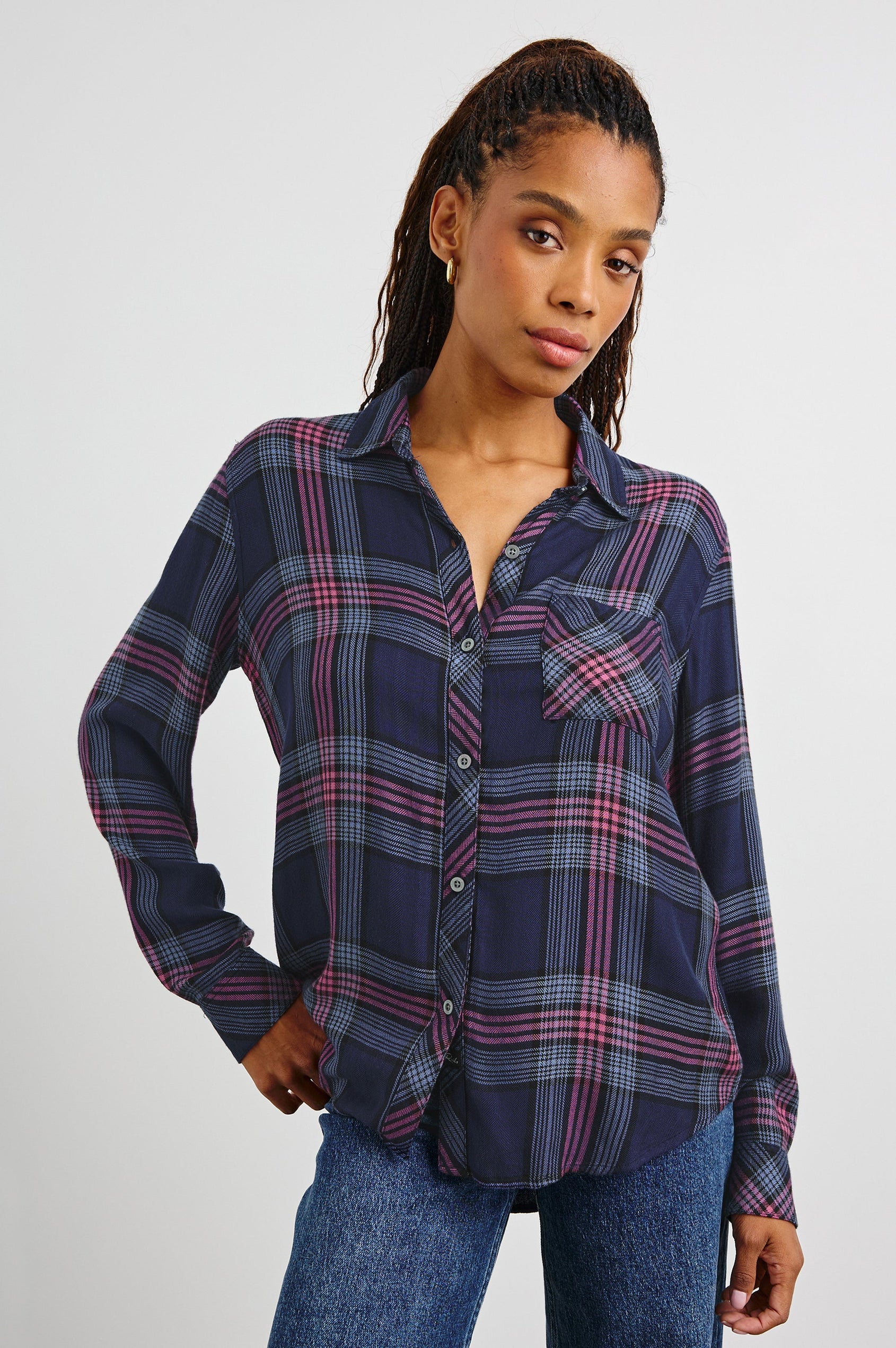 Hunter Long-Sleeve Button Up with a Chest Patch Pocket in Navy Rose Astor Colorway, plaid - Front View Featured on Model