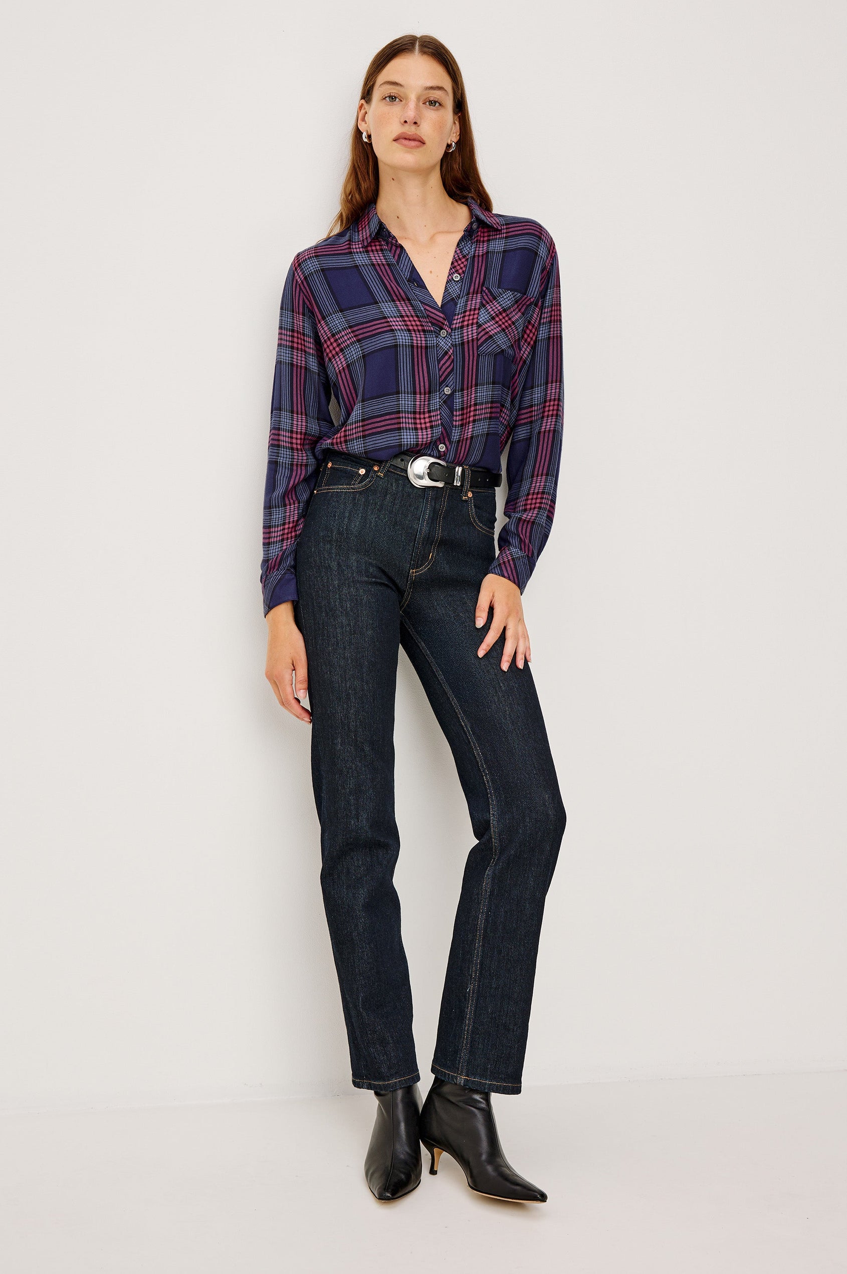 Hunter Long-Sleeve Button Up with a Chest Patch Pocket in Navy Rose Astor Colorway, plaid - Full Body Front Tucked View Featured on Model