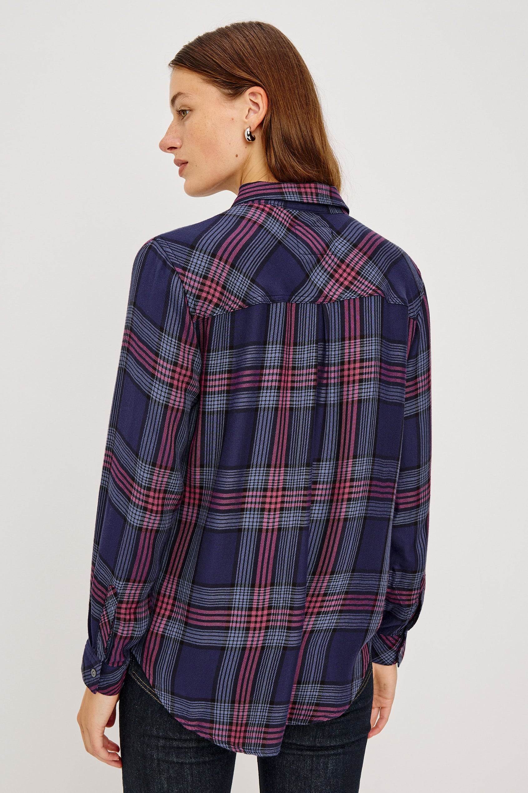 Hunter Long-Sleeve Button Up with a Chest Patch Pocket in Navy Rose Astor Colorway, plaid - Back View Featured on Model