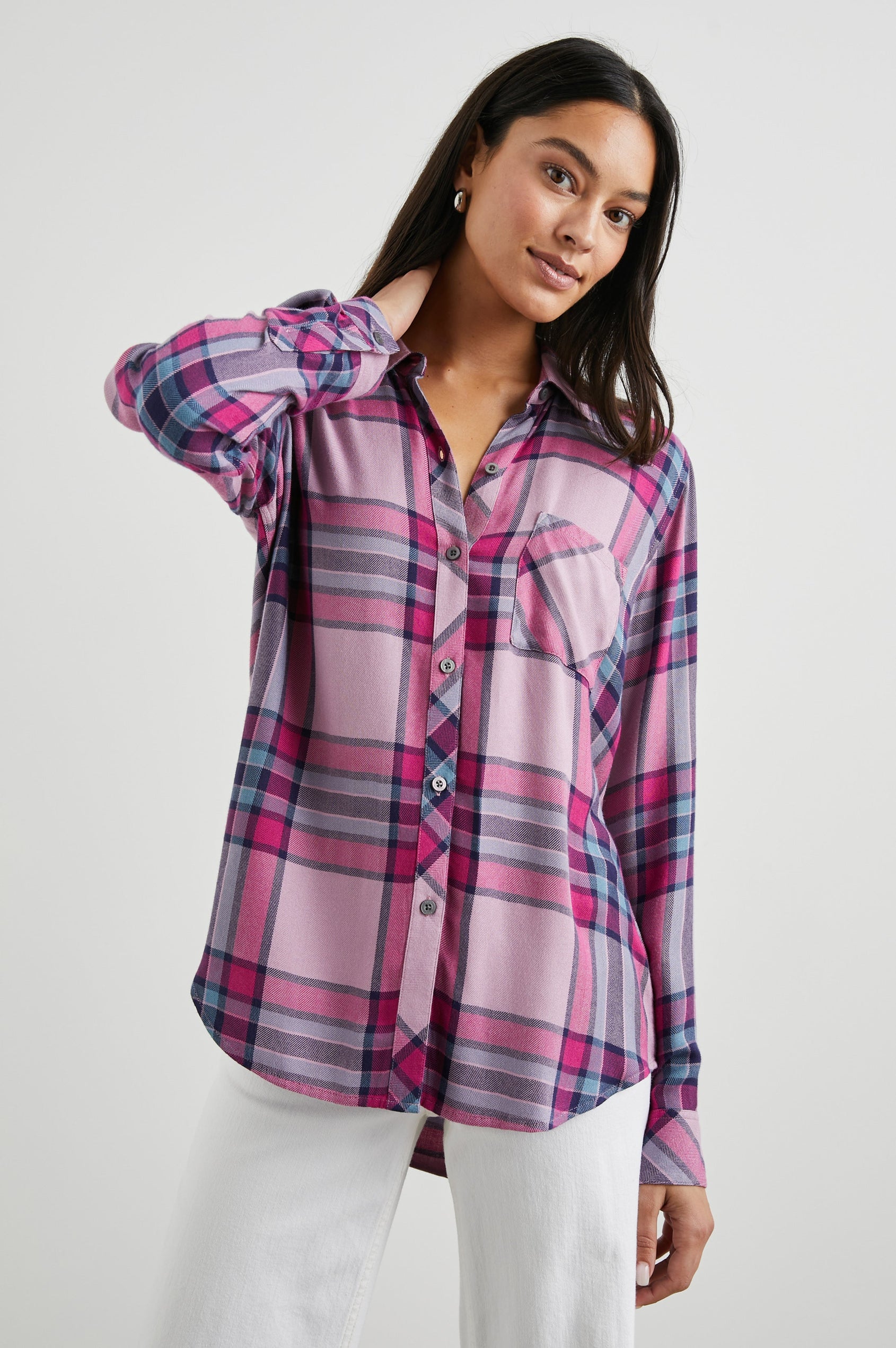 Hunter Long-Sleeve Button Up with a Chest Patch Pocket in Navy Sea Magenta Colorway, plaid - Front View Featured on Model