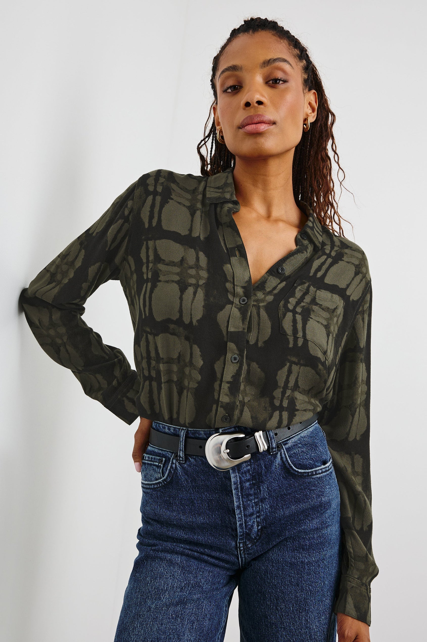 Hunter Long-Sleeve Button Up with a Chest Patch Pocket in Oliver Watercolor Plaid Colorway, Olive and Black - Front Tucked View Featured on Model
