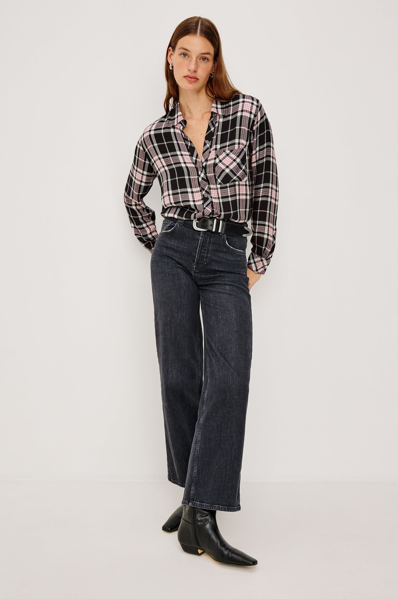 Hunter Long-Sleeve Button Up with a Chest Patch Pocket in Onyx Rose Gold Colorway, plaid - Full Body Front View Featured on Model