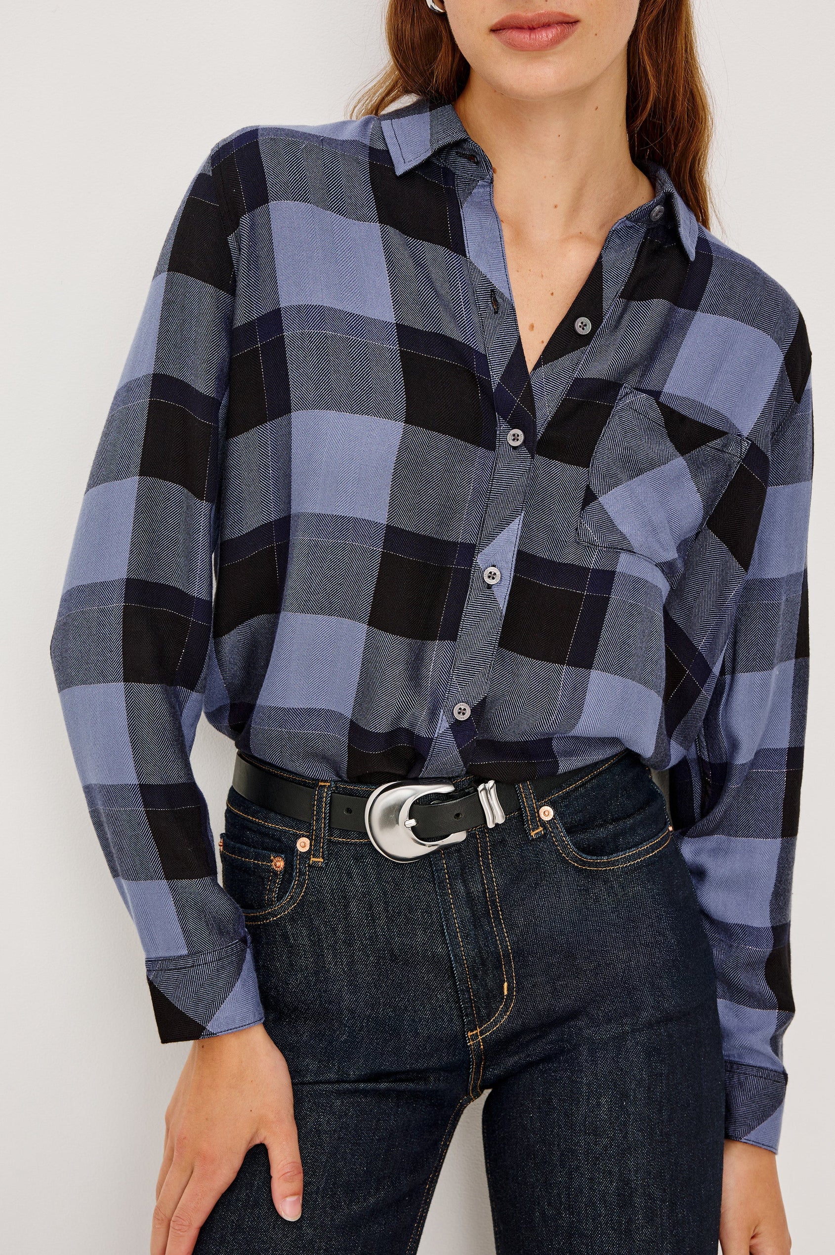 Hunter Long-Sleeve Button Up with a Chest Patch Pocket in Periwinkle Navy Silver Lurex Colorway, plaid - Close up View Featured on Model