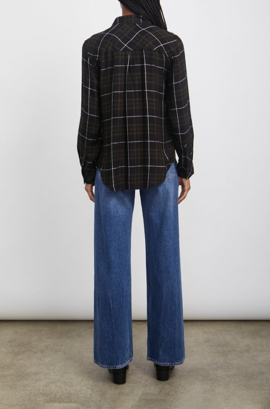 Hunter Long-Sleeve Button Up with a Chest Patch Pocket in Olive Carbon White Colorway, plaid - Back Full Body View Featured on Model