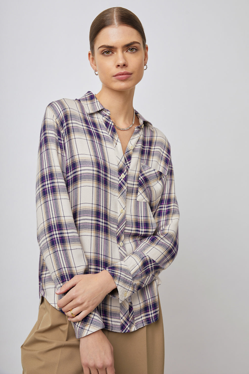 Hunter Long-Sleeve Button Up with a Chest Patch Pocket in Stone Navy Fuchsia Colorway, plaid - Front Tucked View Featured on Model
