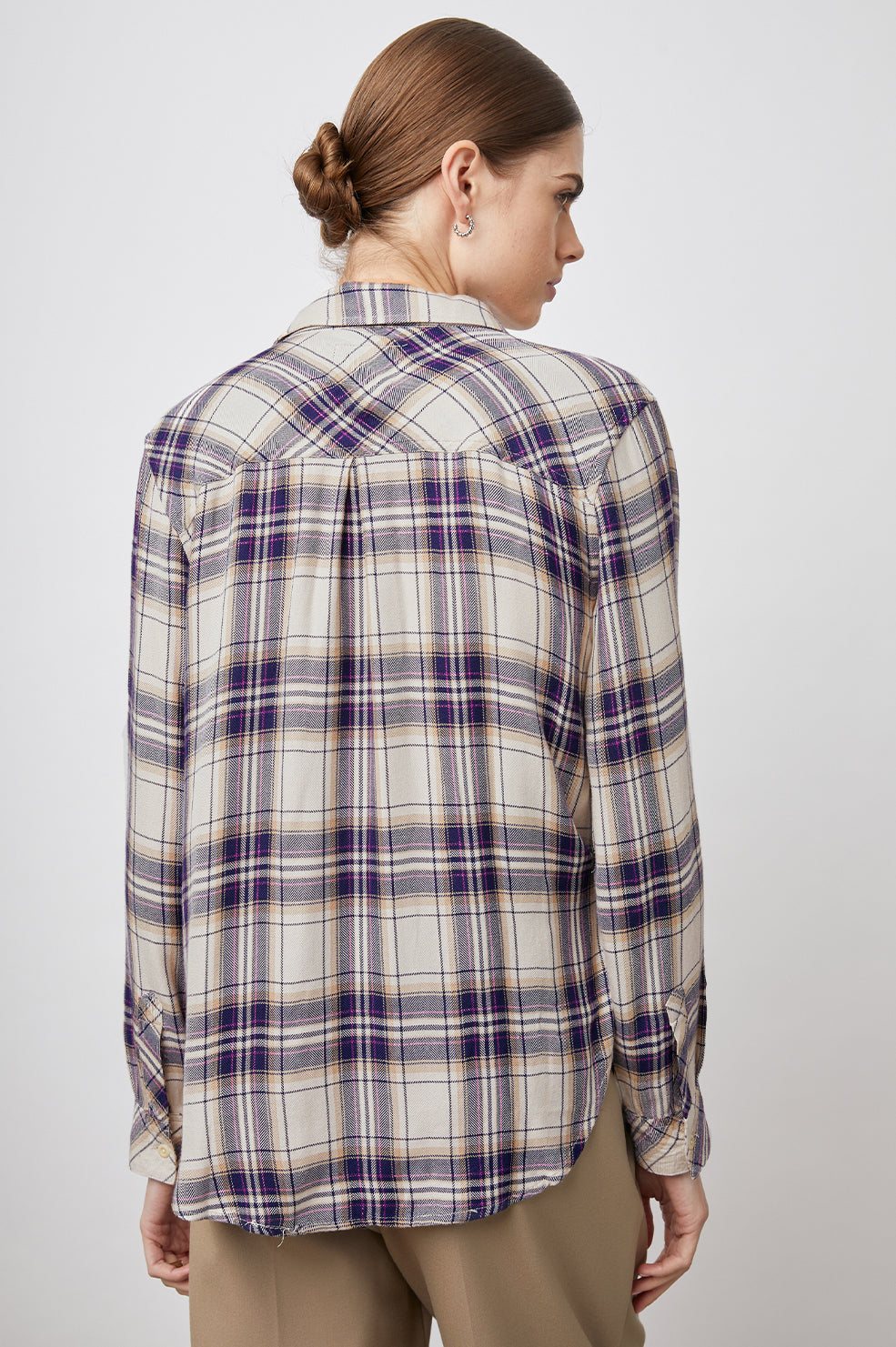 Hunter Long-Sleeve Button Up with a Chest Patch Pocket in Stone Navy Fuchsia Colorway, plaid - Back View Featured on Model