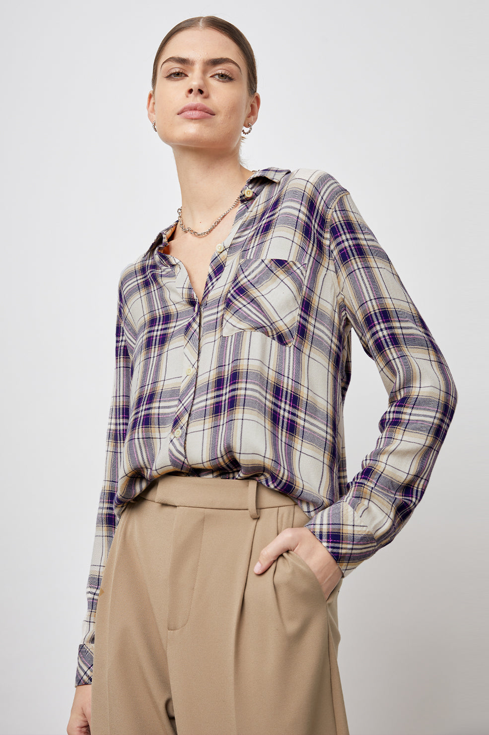 Hunter Long-Sleeve Button Up with a Chest Patch Pocket in Stone Navy Fuchsia Colorway, plaid - Front Tucked View Featured on Model