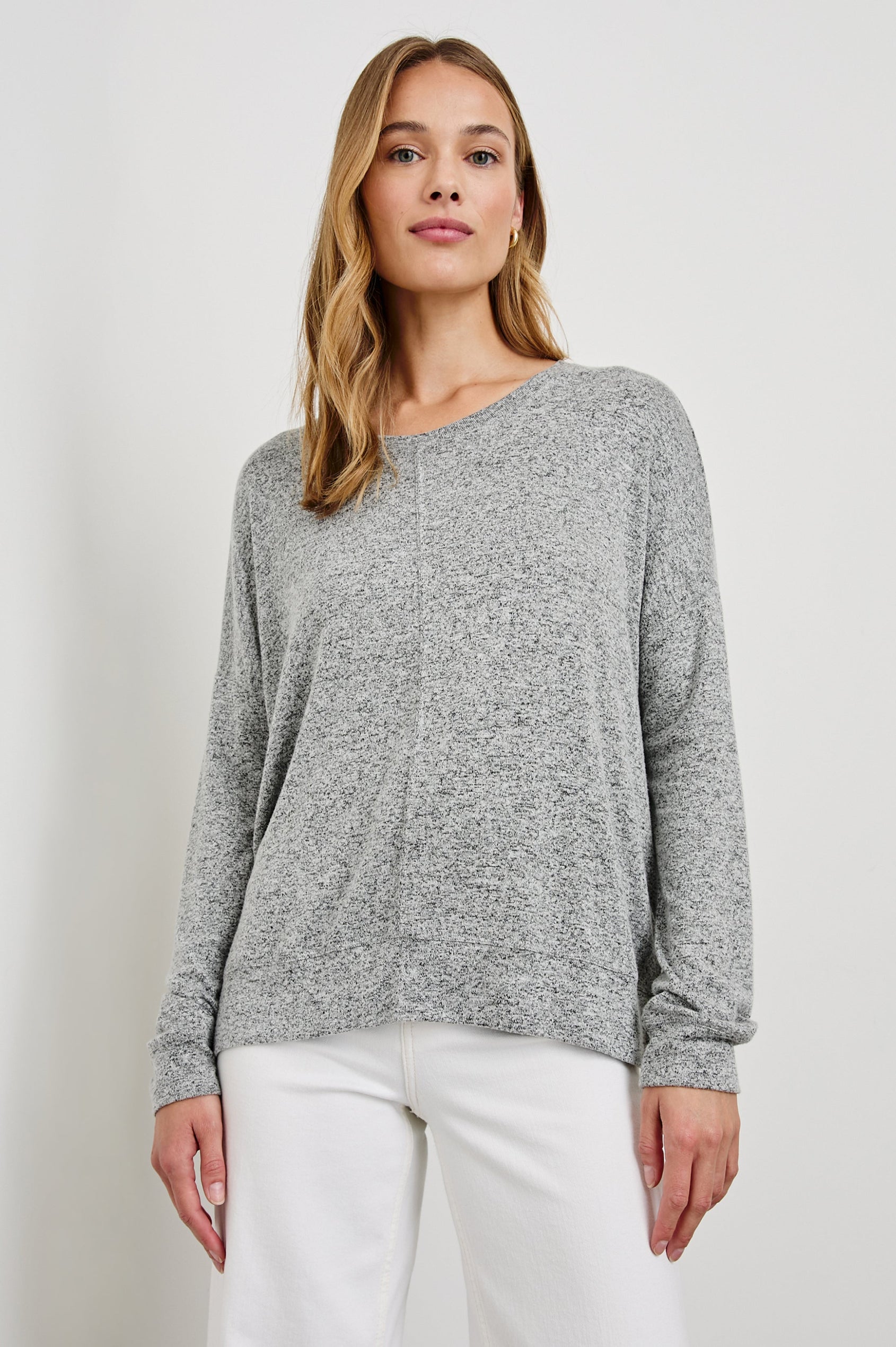 Iggy Long Sleeve Top with a Scoop Neck, Side Slits and a Vertical Seam Down the Front and Back Center in Melange Grey Colorway - Front View Featured on Model