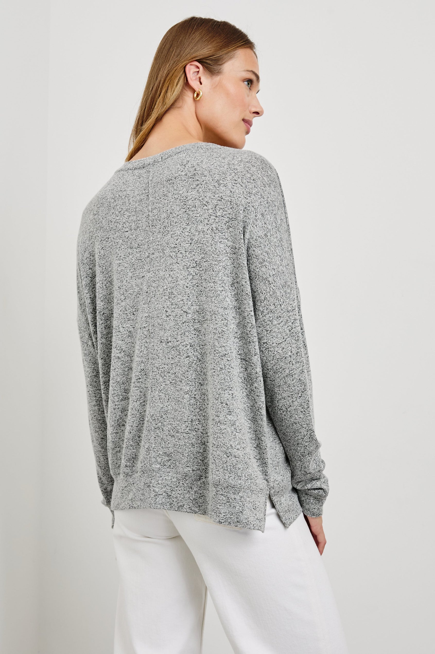 Iggy Long Sleeve Top with a Scoop Neck, Side Slits and a Vertical Seam Down the Front and Back Center in Melange Grey Colorway - Back View Featured on Model