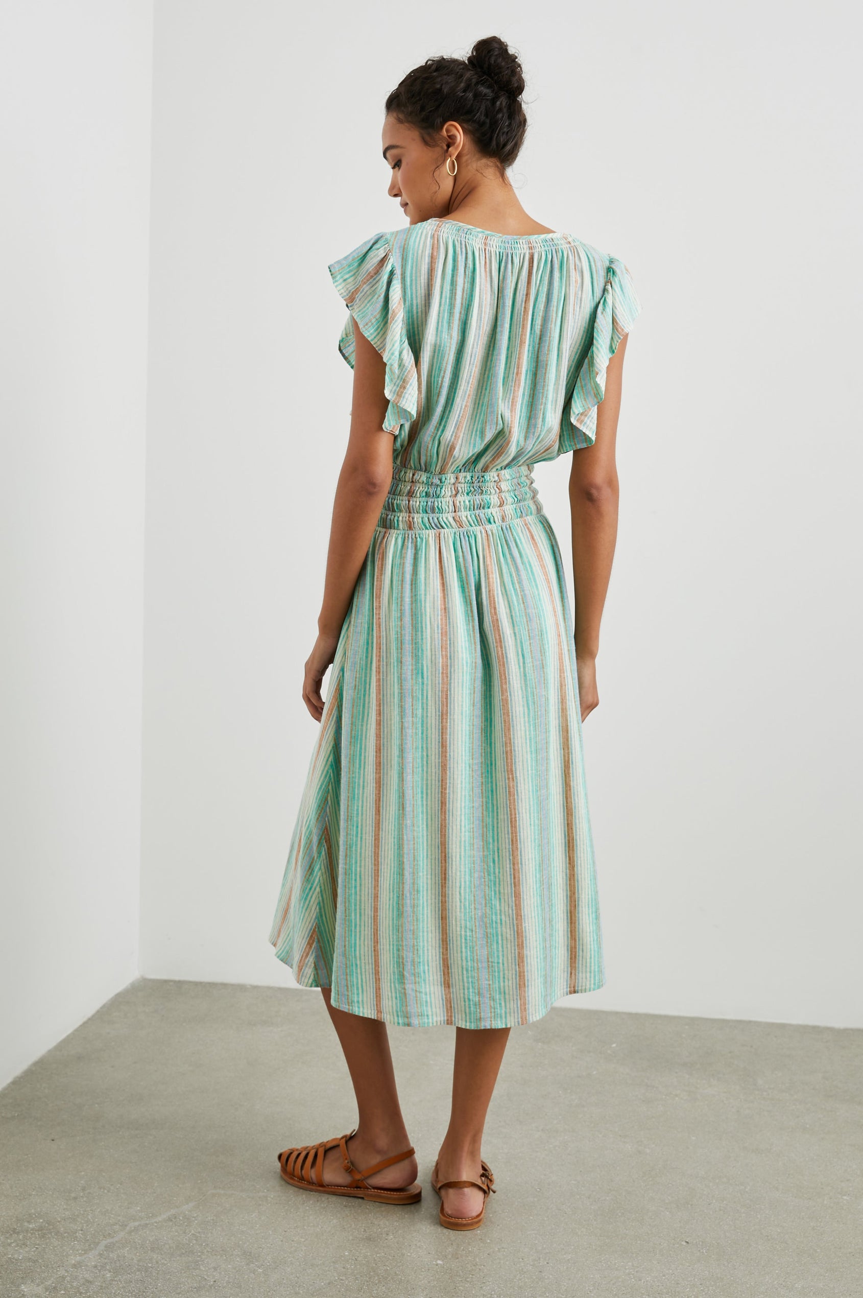 Iona Short Sleeve Midi Dress with Flutter Sleeves, a Deep V Neck with Ties, and a Shirred Waist in Seaview Stripe Colorway, Vertical Stripes in Browns, Blues and Creams - Back Full Body View Featured on Model