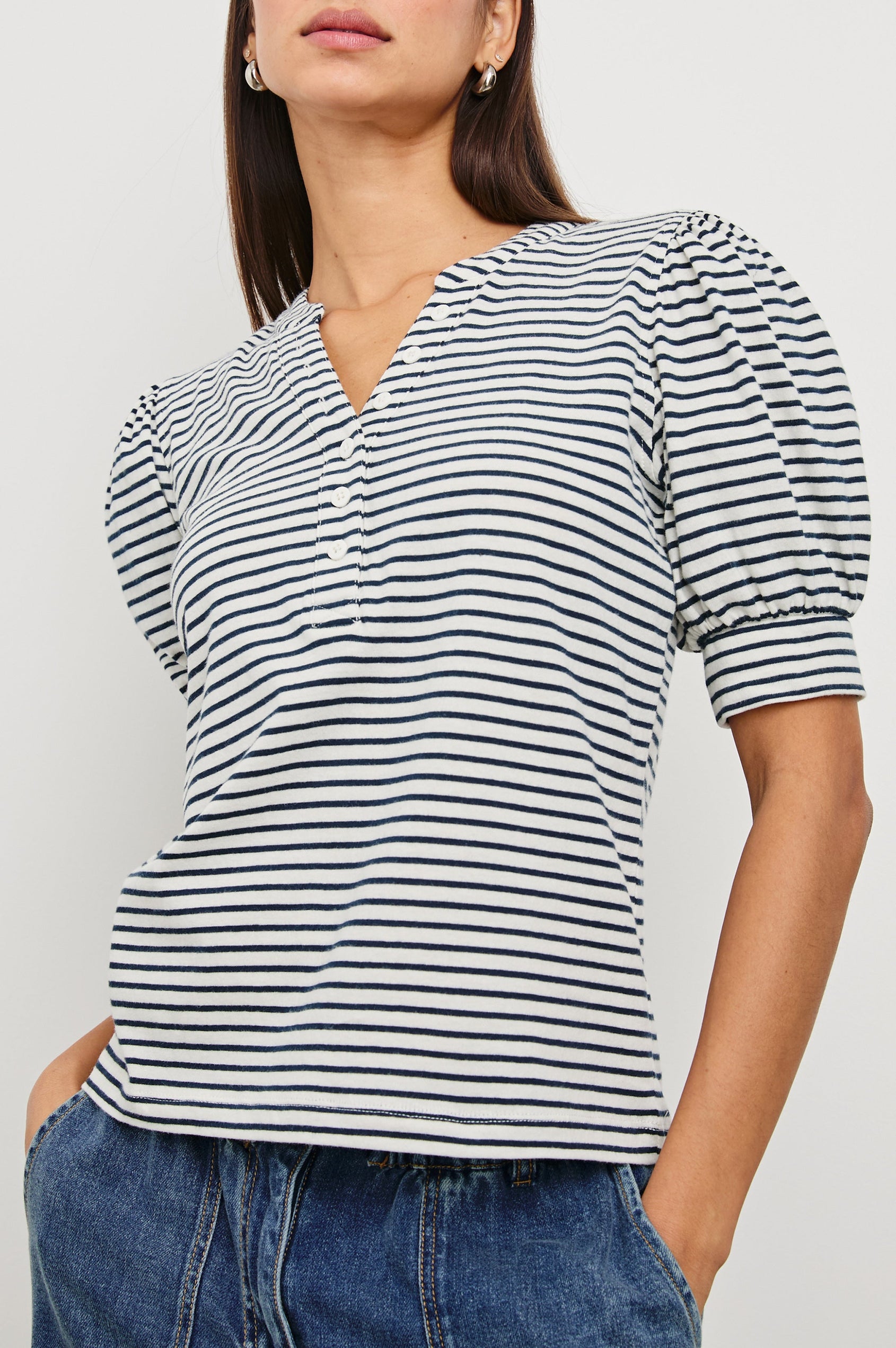Jewel Puff Short Sleeve With Quarter Down Buttons In Colorway Ivory Navy Micro Stripe - Detail View Featured On Model