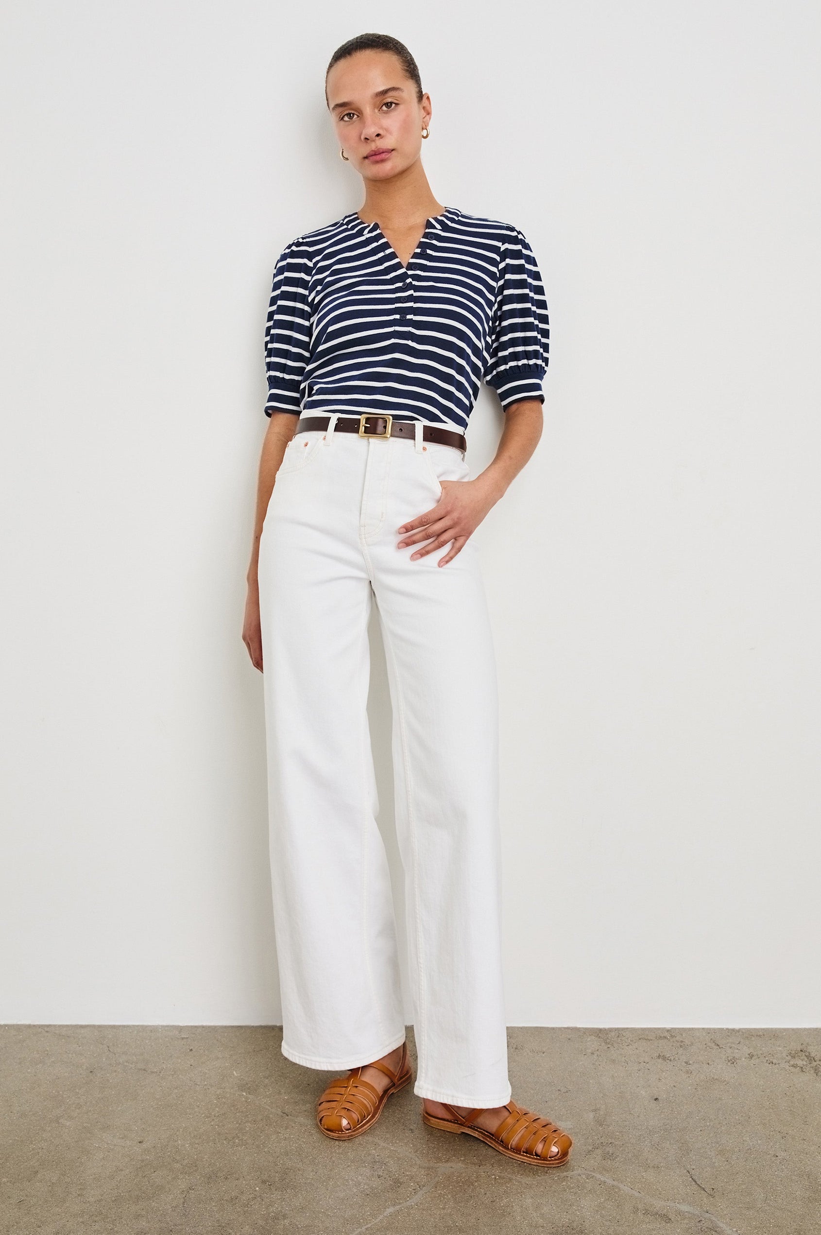Jewel Puff Short Sleeve With Quarter Down Buttons In Colorway Navy Ivory Stripe - full body front view on model