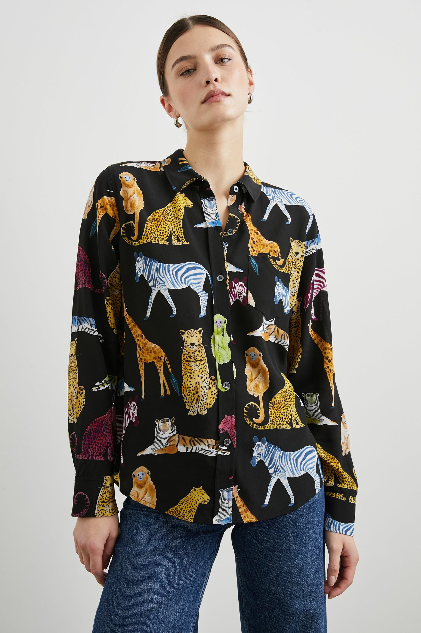 Kate Long Sleeve Button up with a Chest Patch Pocket in Illustrated Animals Colorway, Wild Animals on Black - Front View Featured on Model