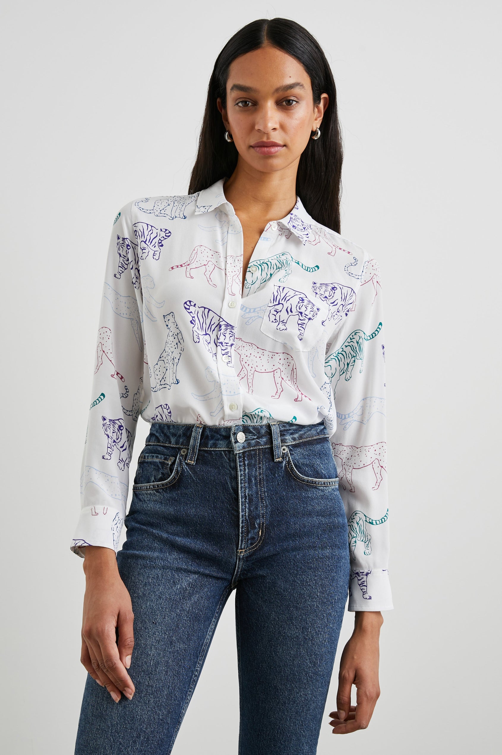 Kate Long Sleeve Button up with a Chest Patch Pocket in Jewel Wildcats Colorway, Wildcats in pink, purple, green and blue on White - Front View Featured on Model