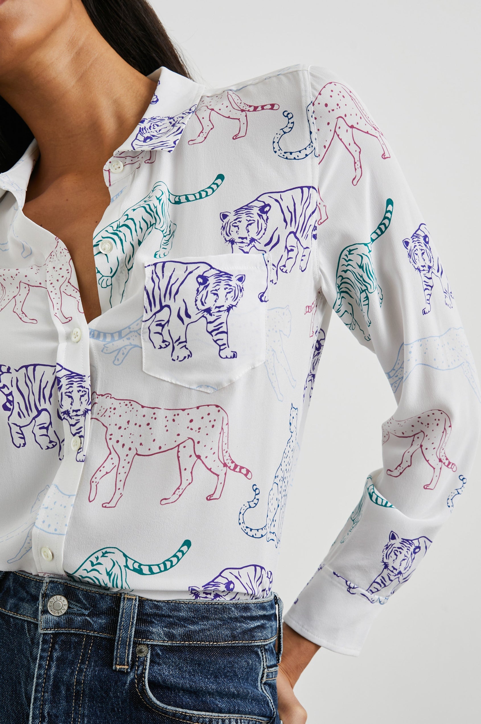 Kate Long Sleeve Button up with a Chest Patch Pocket in Jewel Wildcats Colorway, Wildcats in pink, purple, green and blue on White - Front Tucked View Featured on Model