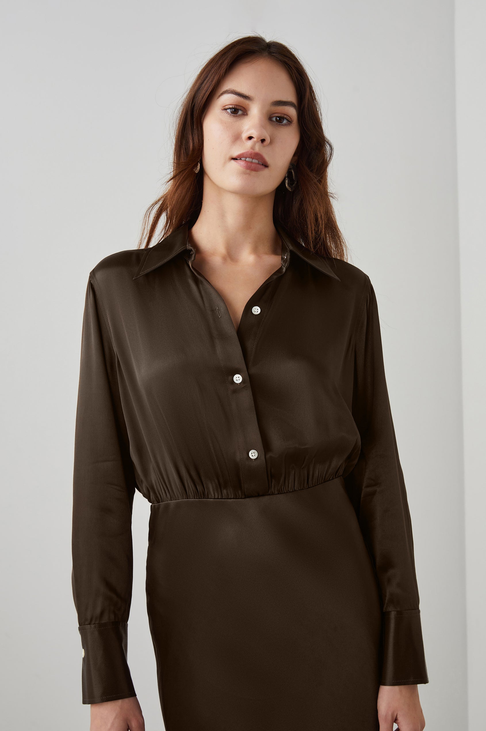 Kathleen Long-Sleeve Midi Dress with Buttons Down the Bodice, a Collar, Buttoned Cuffs, and a Side Thigh Slit in Dark Moss Colorway - Front View Featured on Model