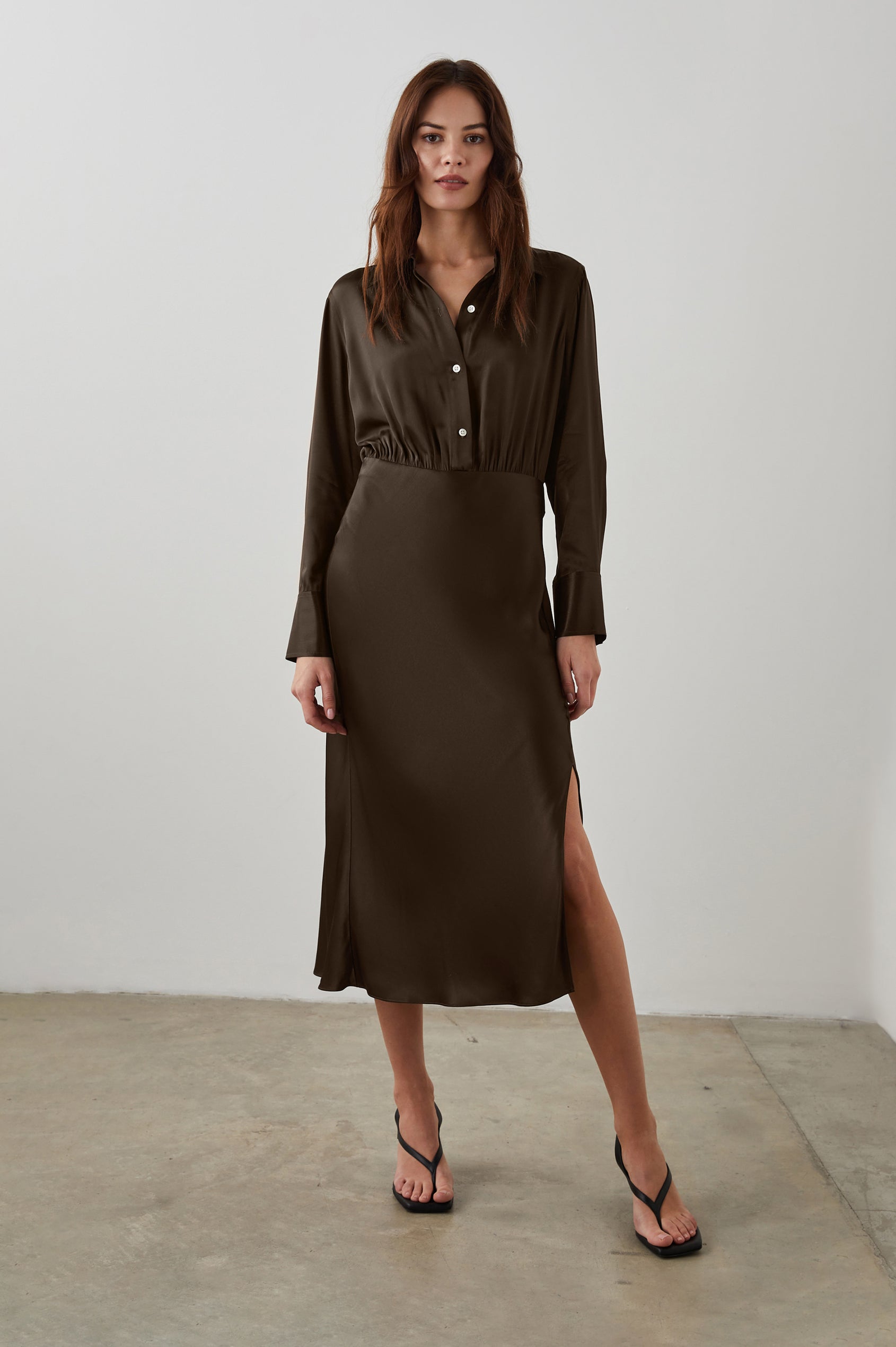 Kathleen Long-Sleeve Midi Dress with Buttons Down the Bodice, a Collar, Buttoned Cuffs, and a Side Thigh Slit in Dark Moss Colorway - Front Full Body View Featured on Model