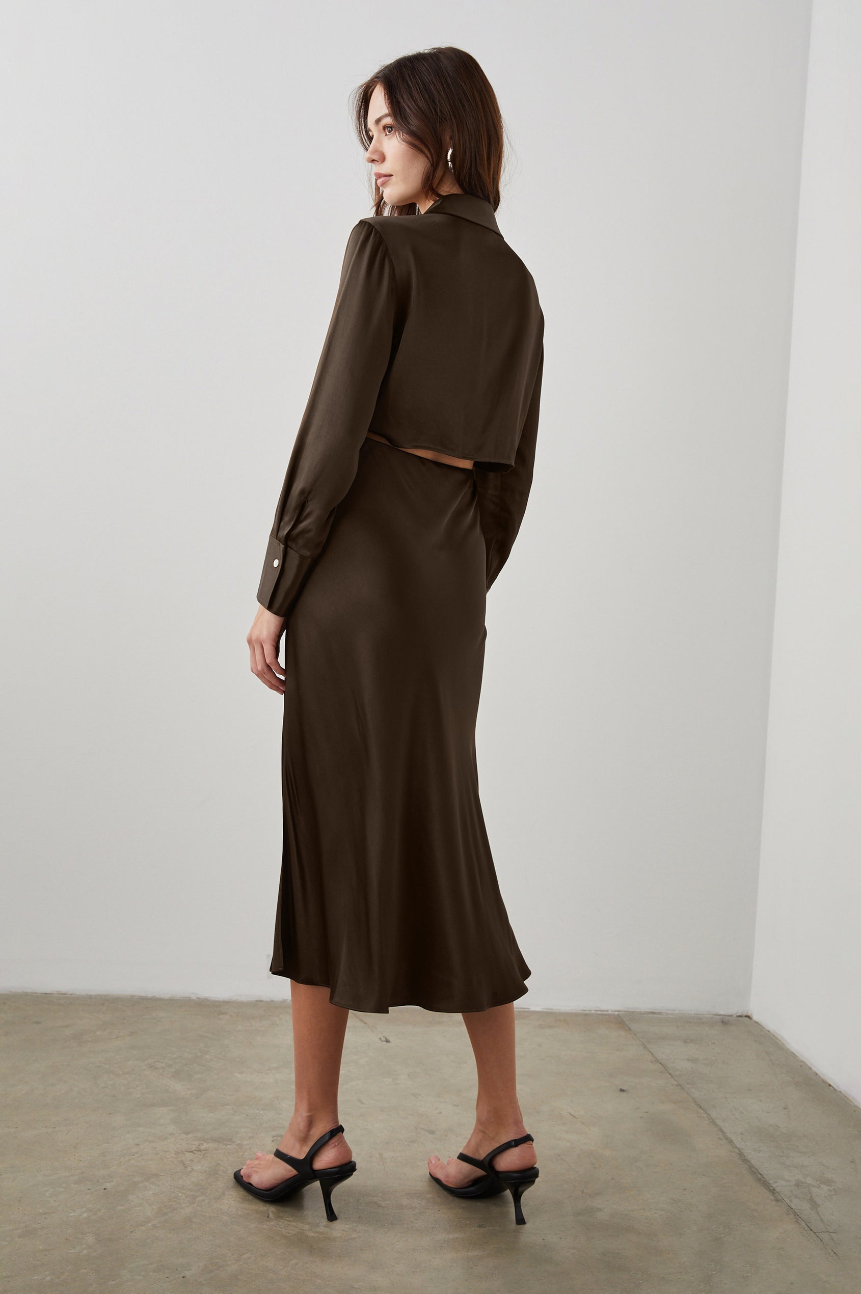Kathleen Long-Sleeve Midi Dress with Buttons Down the Bodice, a Collar, Buttoned Cuffs, and a Side Thigh Slit in Dark Moss Colorway - Back Full Body View Featured on Model