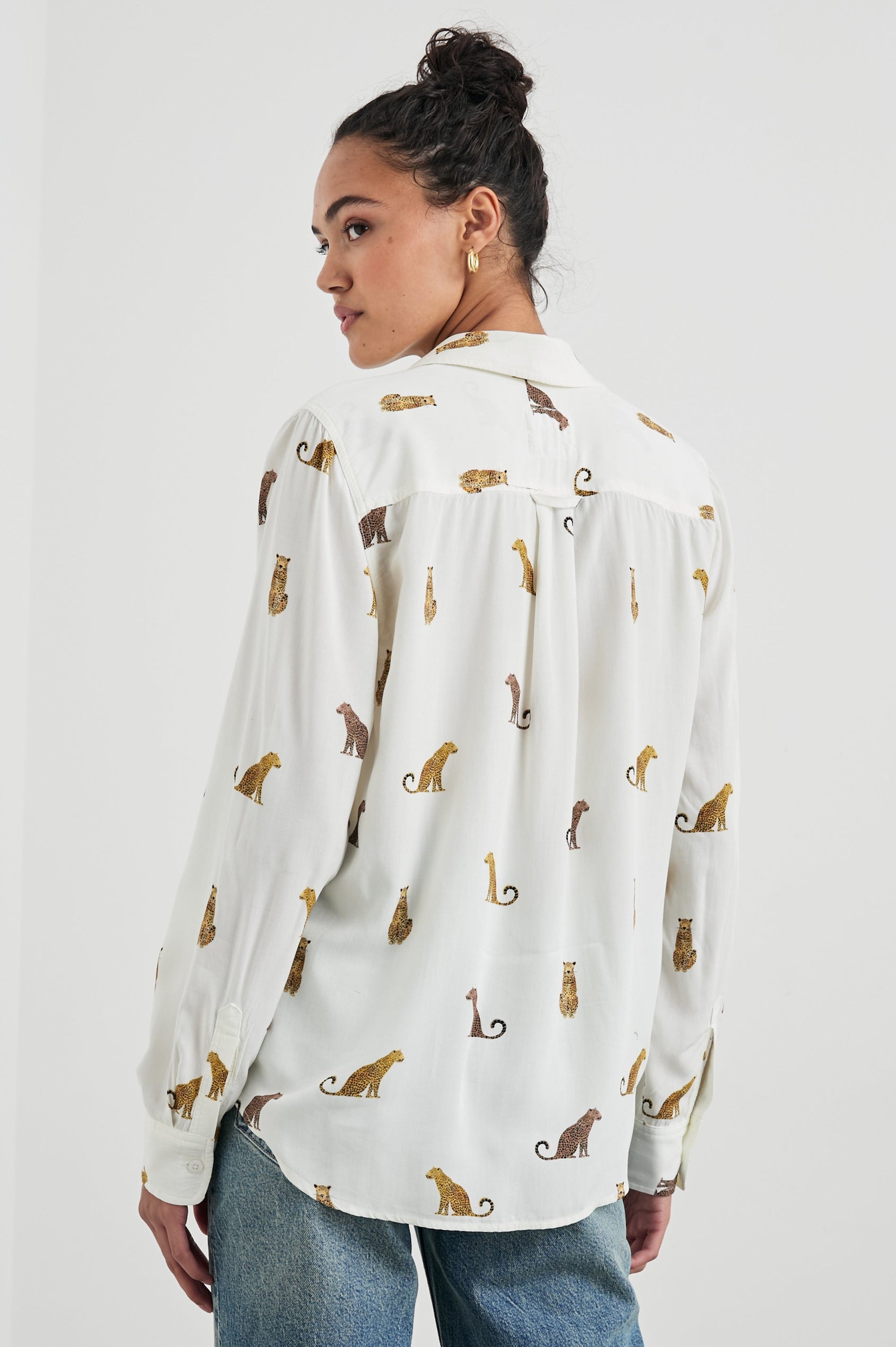Kathryn Long-Sleeve Button up with a Chest Patch Pocket in Wild Animals Colorway, with Cheetahs in Browns on ivory - Back View Featured on Model
