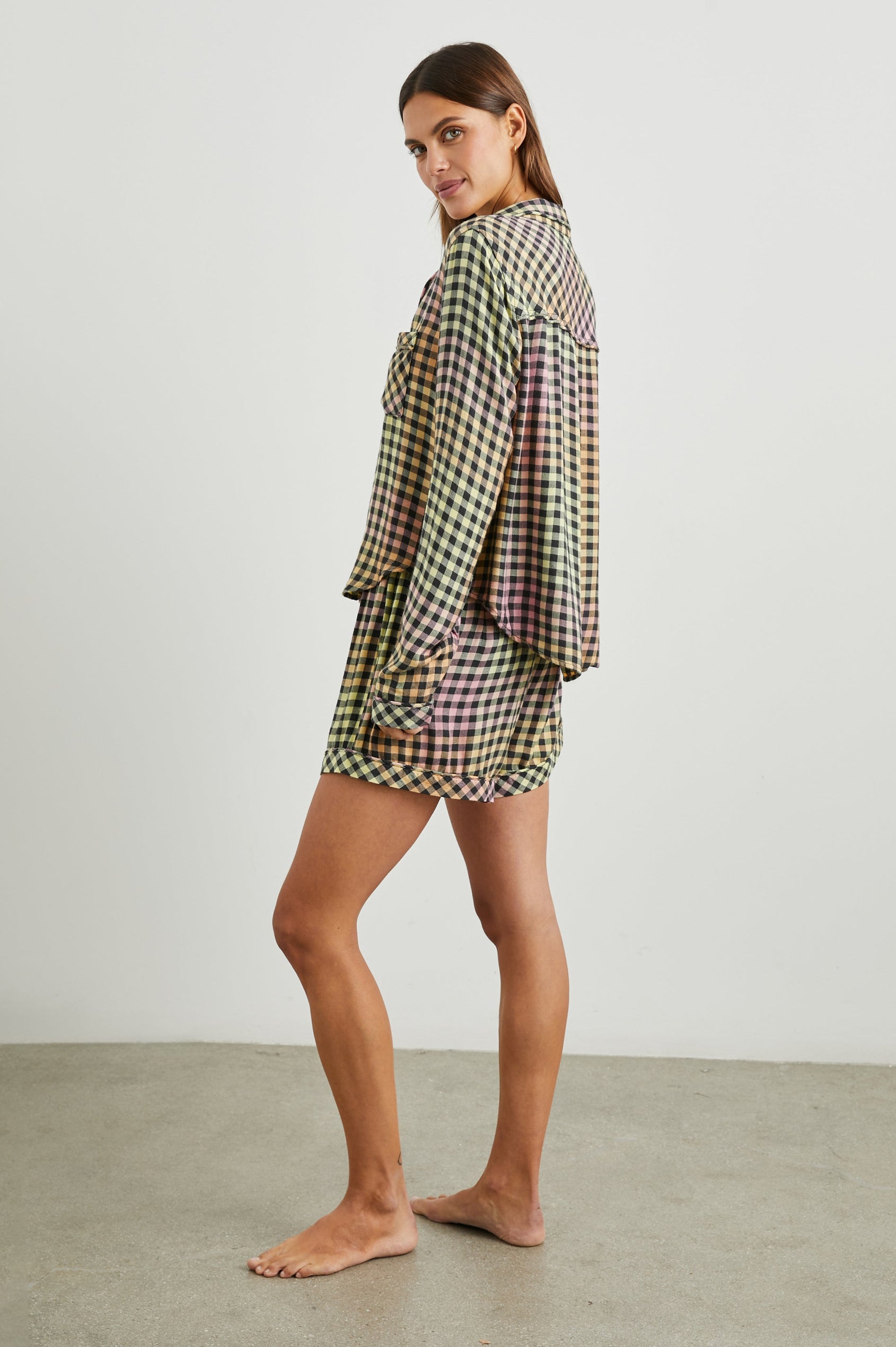 Kellen Black Sunset Gingham Long Sleeve Short Set With Piping - back ANGLE