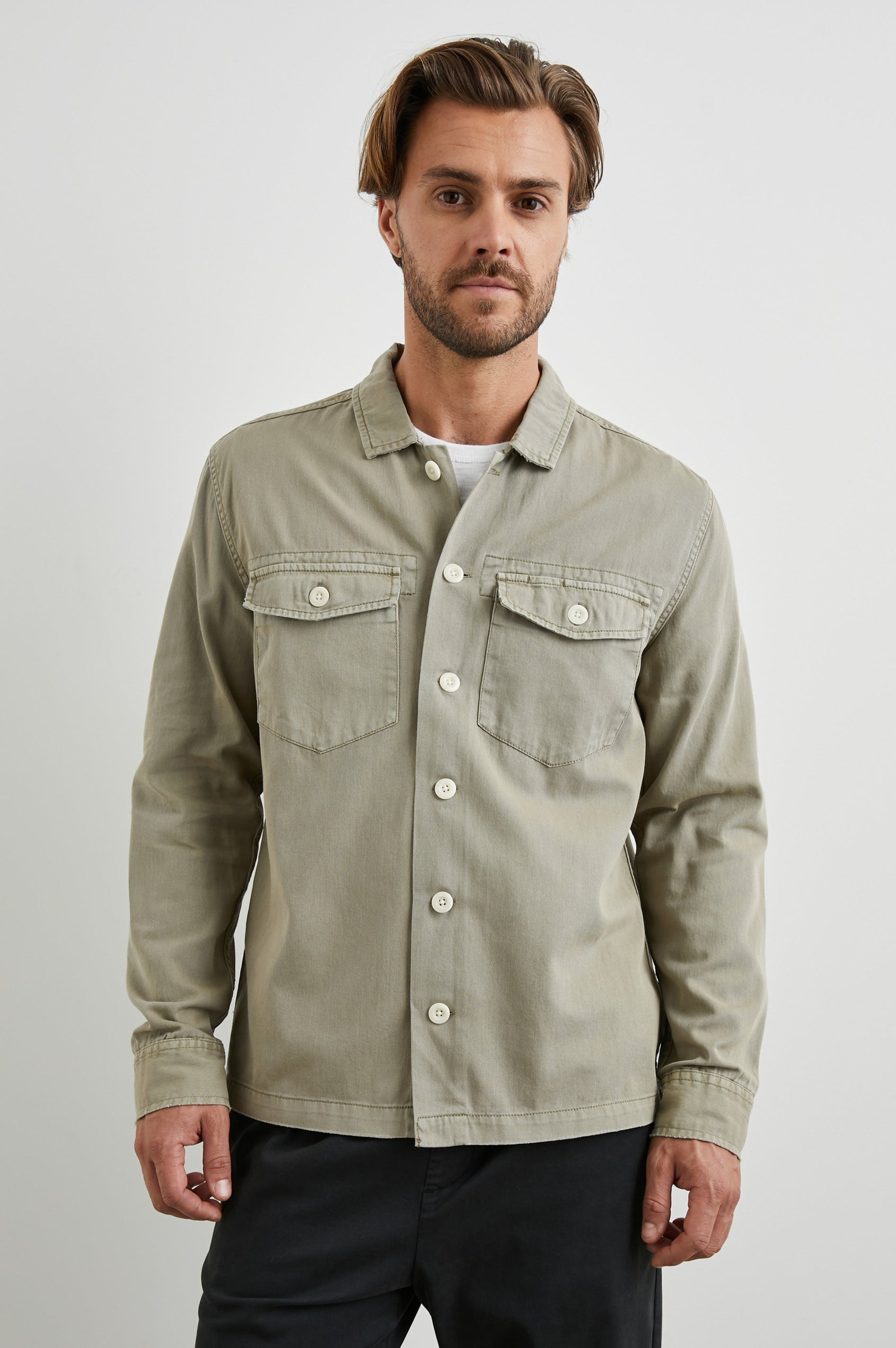 Kerouac Long-Sleeve Shirt Jacket with Button Closure and Two Button Chest Flap Pockets in Natural Colorway - Front View Featured on Model