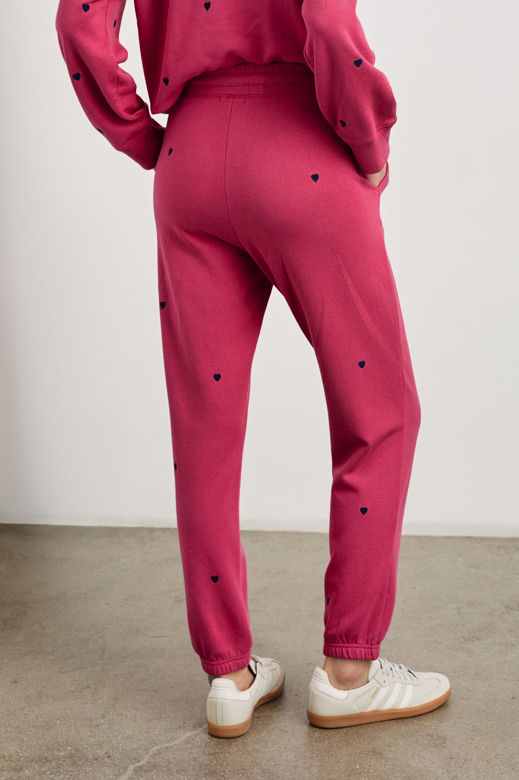 Kingston Pants with Elastic Cuffs and Waist with Drawcord in Pink Midnight Hearts Colorway, Midnight Hearts on Pink - Back View Featured on Model